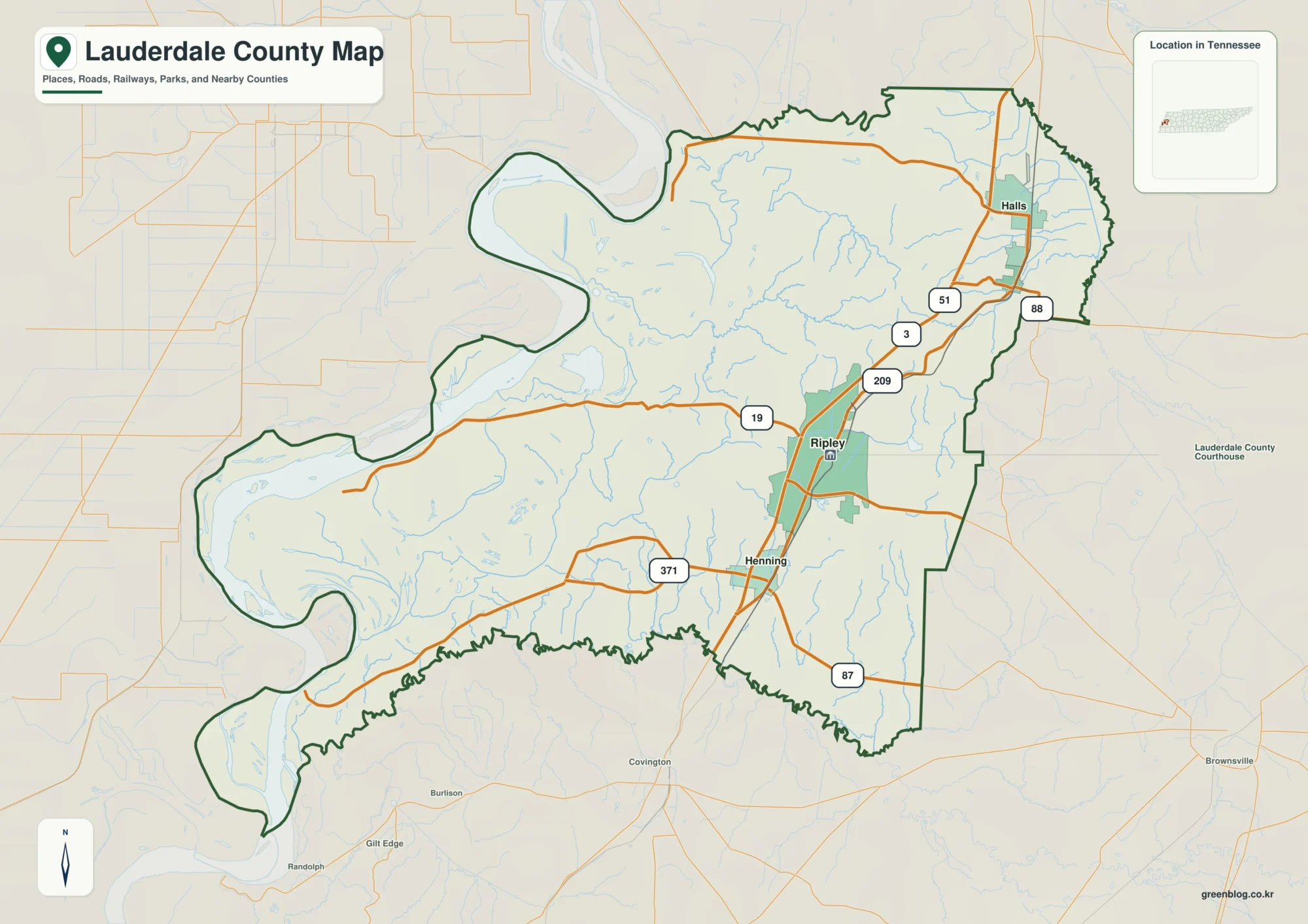 Lauderdale County Tennessee map showing Ripley, selected communities, roads, and natural features