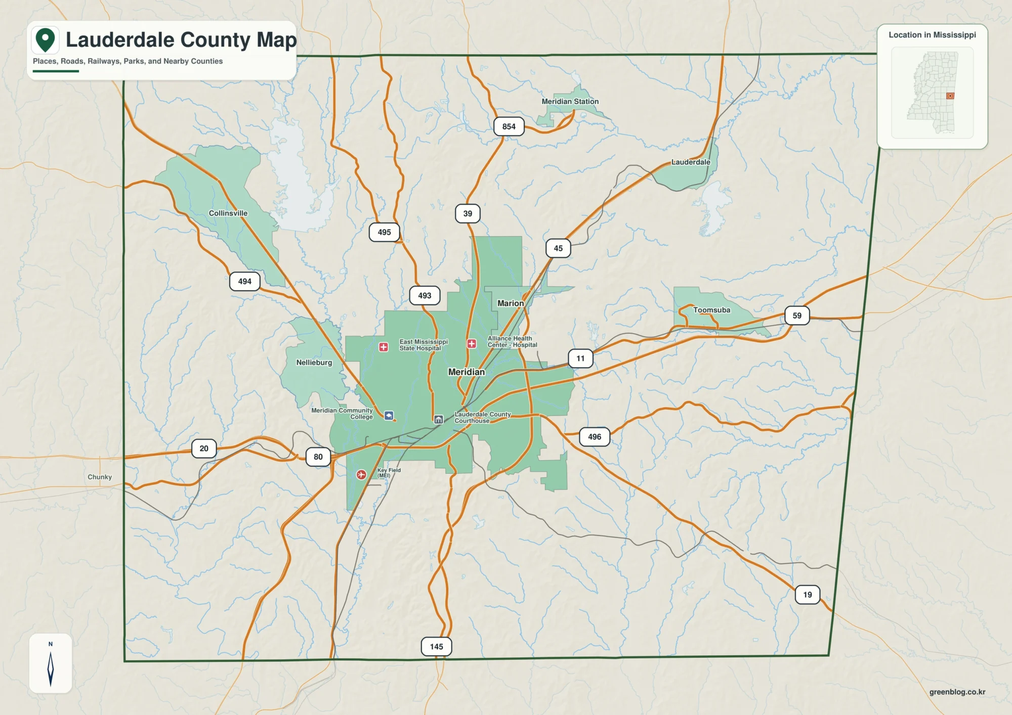 Lauderdale County Mississippi map showing Meridian, selected communities, roads, and landscape features
