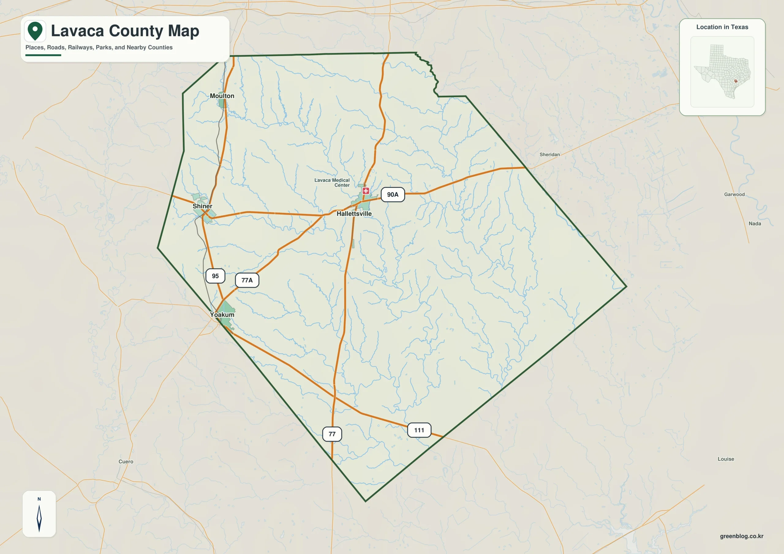 Lavaca County Texas map showing Hallettsville and selected communities