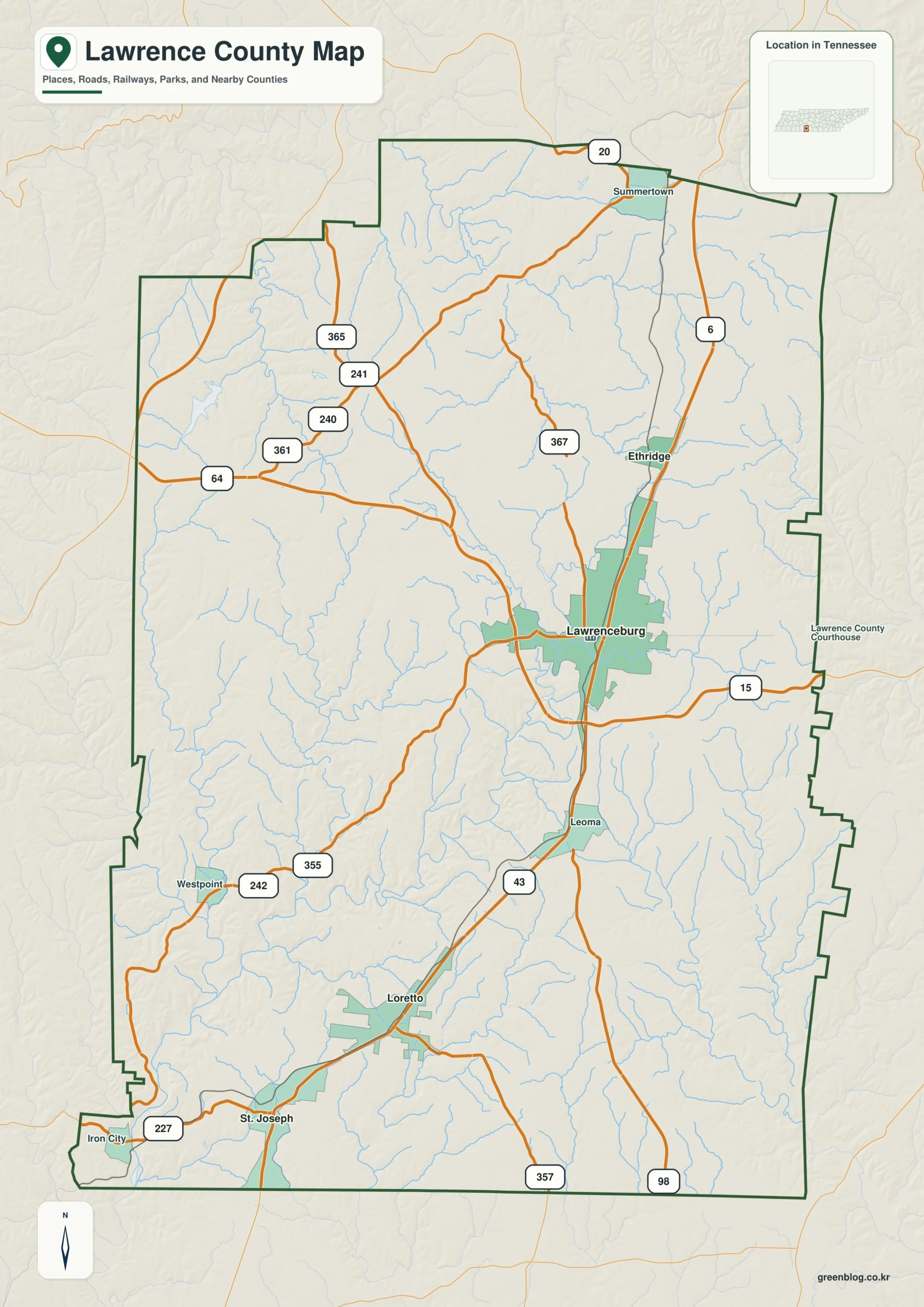 Lawrence County Tennessee map showing Lawrenceburg, selected communities, roads, and natural features