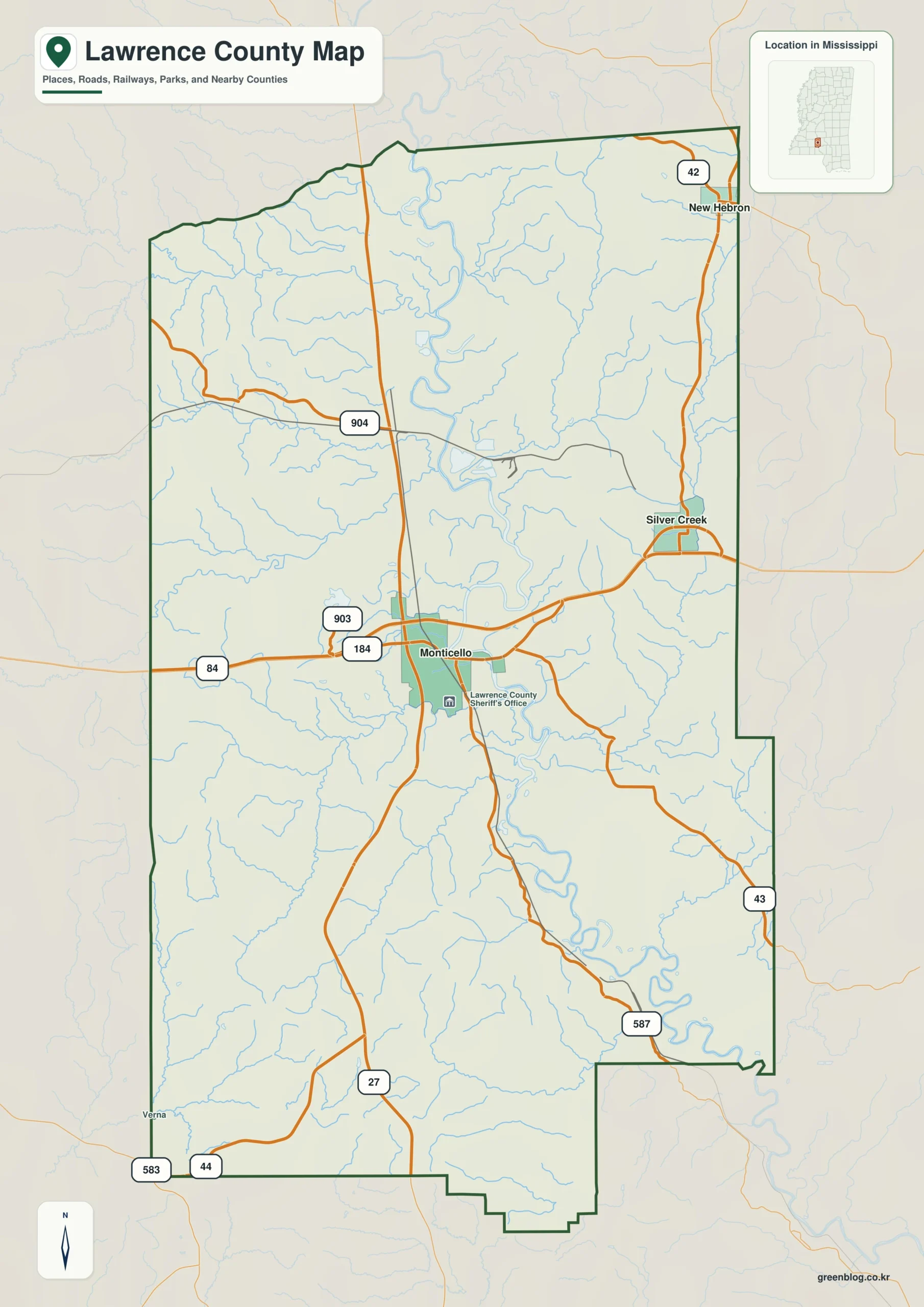 Lawrence County Mississippi map showing Monticello, selected communities, roads, and landscape features
