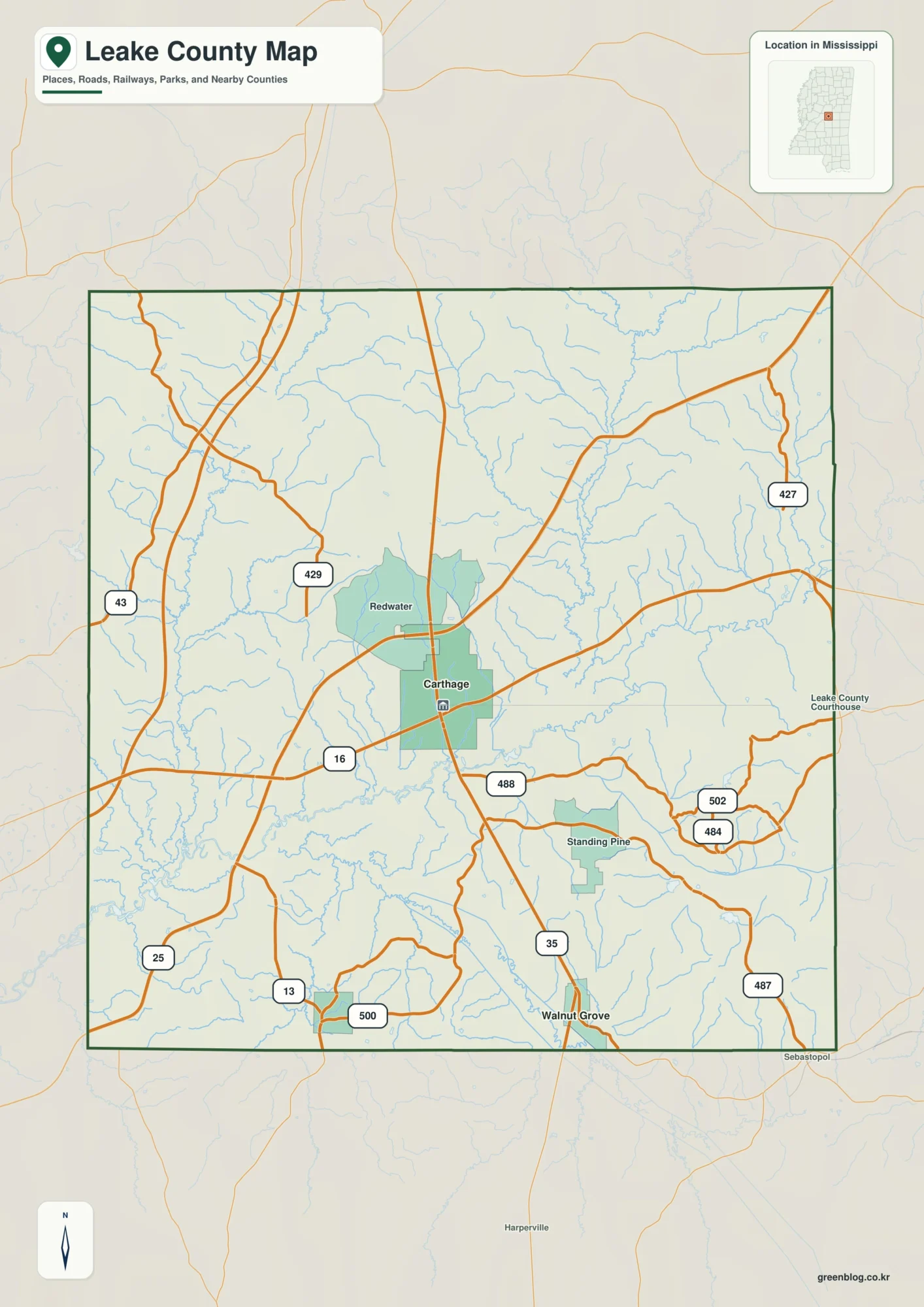 Leake County Mississippi map showing Carthage, selected communities, roads, and landscape features