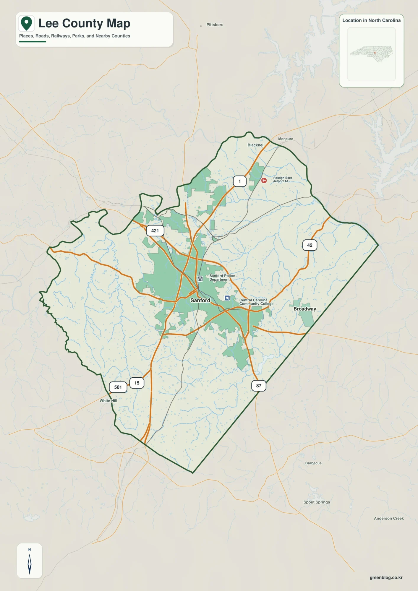 Lee County North Carolina map showing Sanford and Deep River