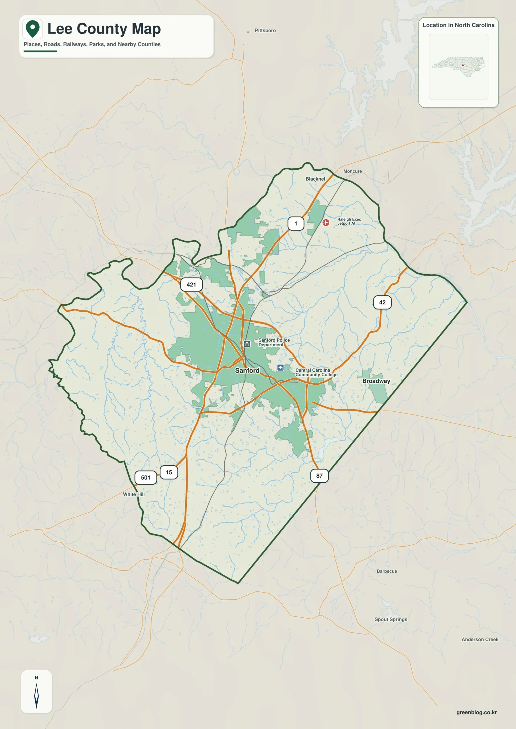 Lee County North Carolina map showing Sanford and Deep River