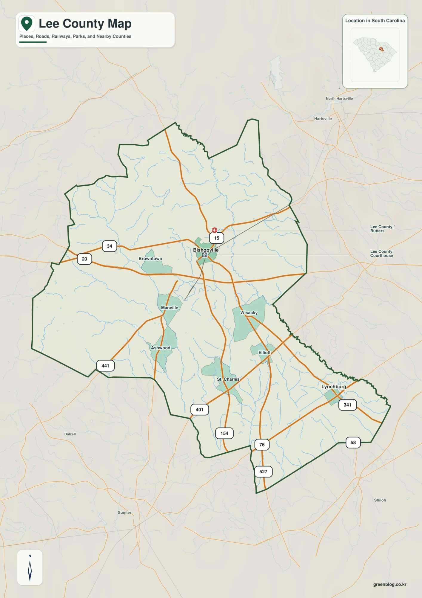 Lee County South Carolina map with the county boundary and reference names for Bishopville and Lynchburg