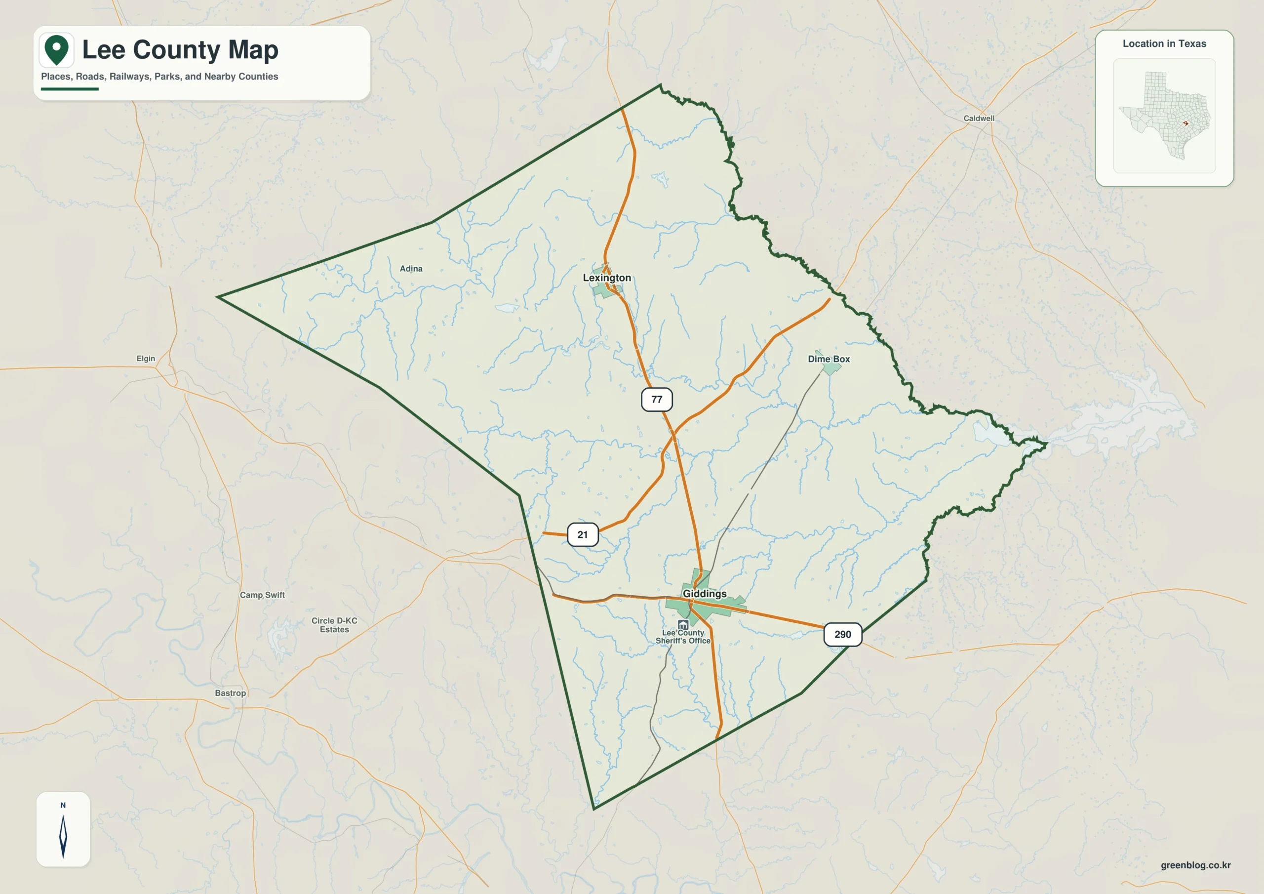 Lee County Texas map showing Giddings and selected communities