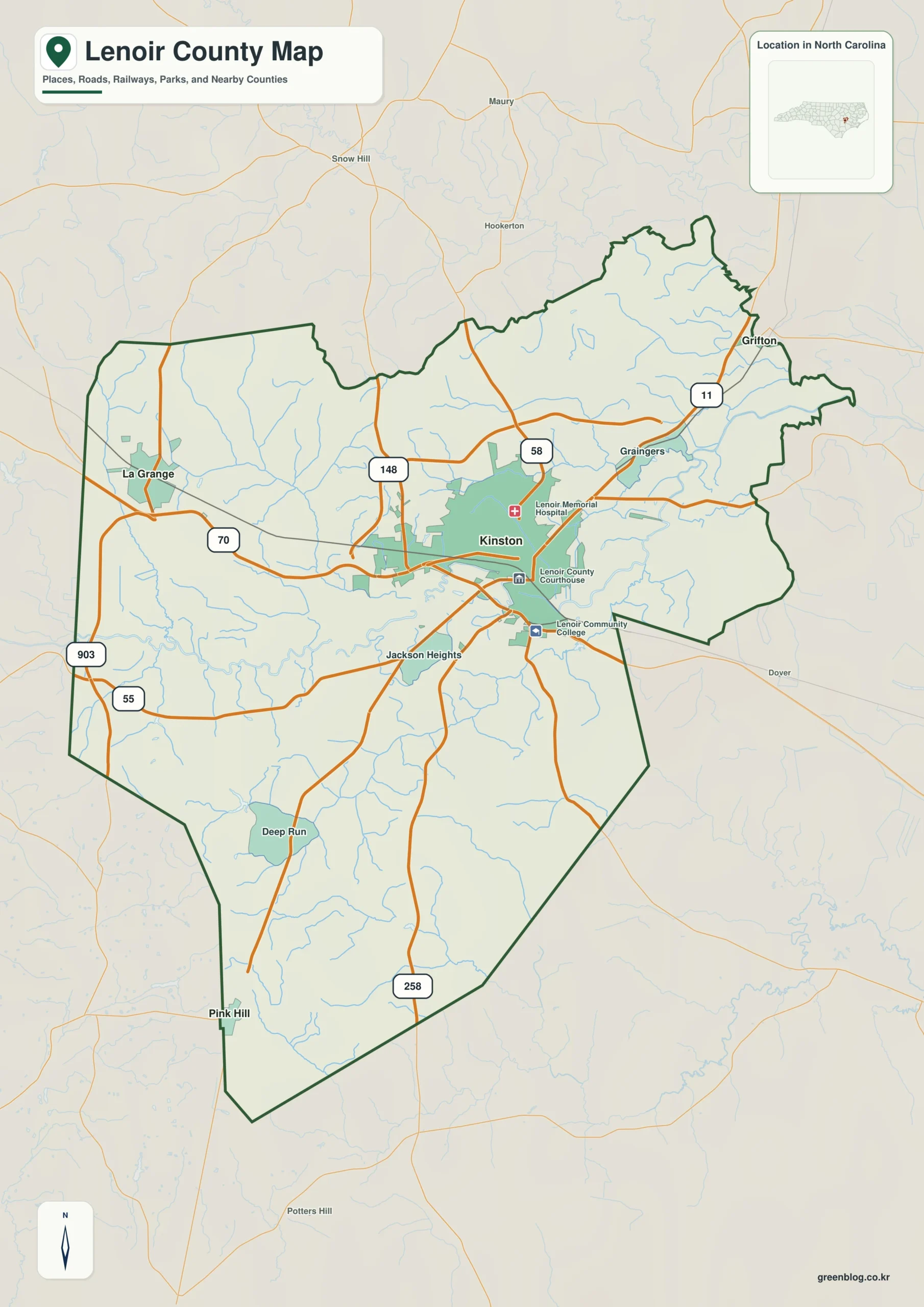 Lenoir County North Carolina map showing Kinston and Neuse River