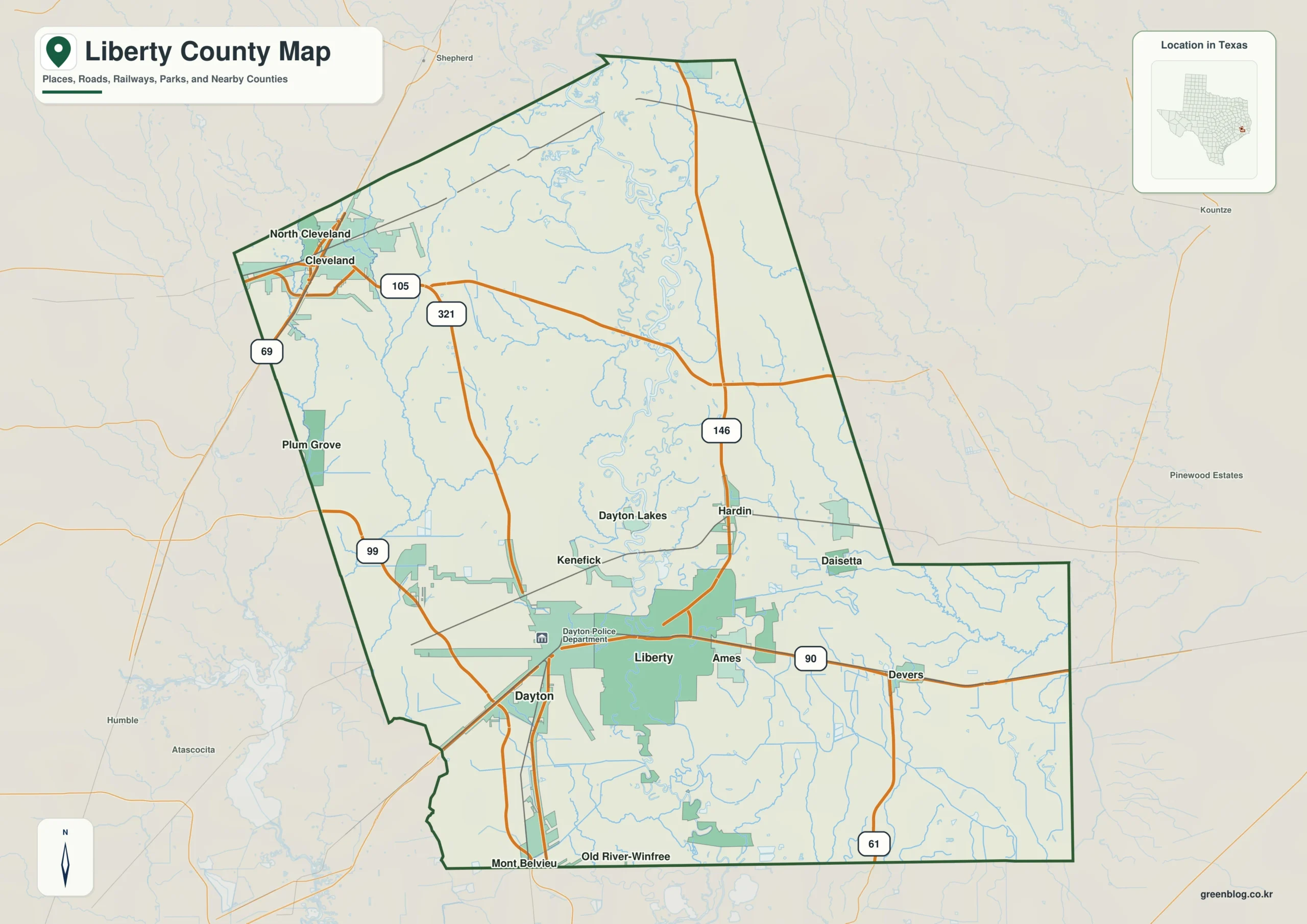 Liberty County Texas map showing Liberty and selected communities