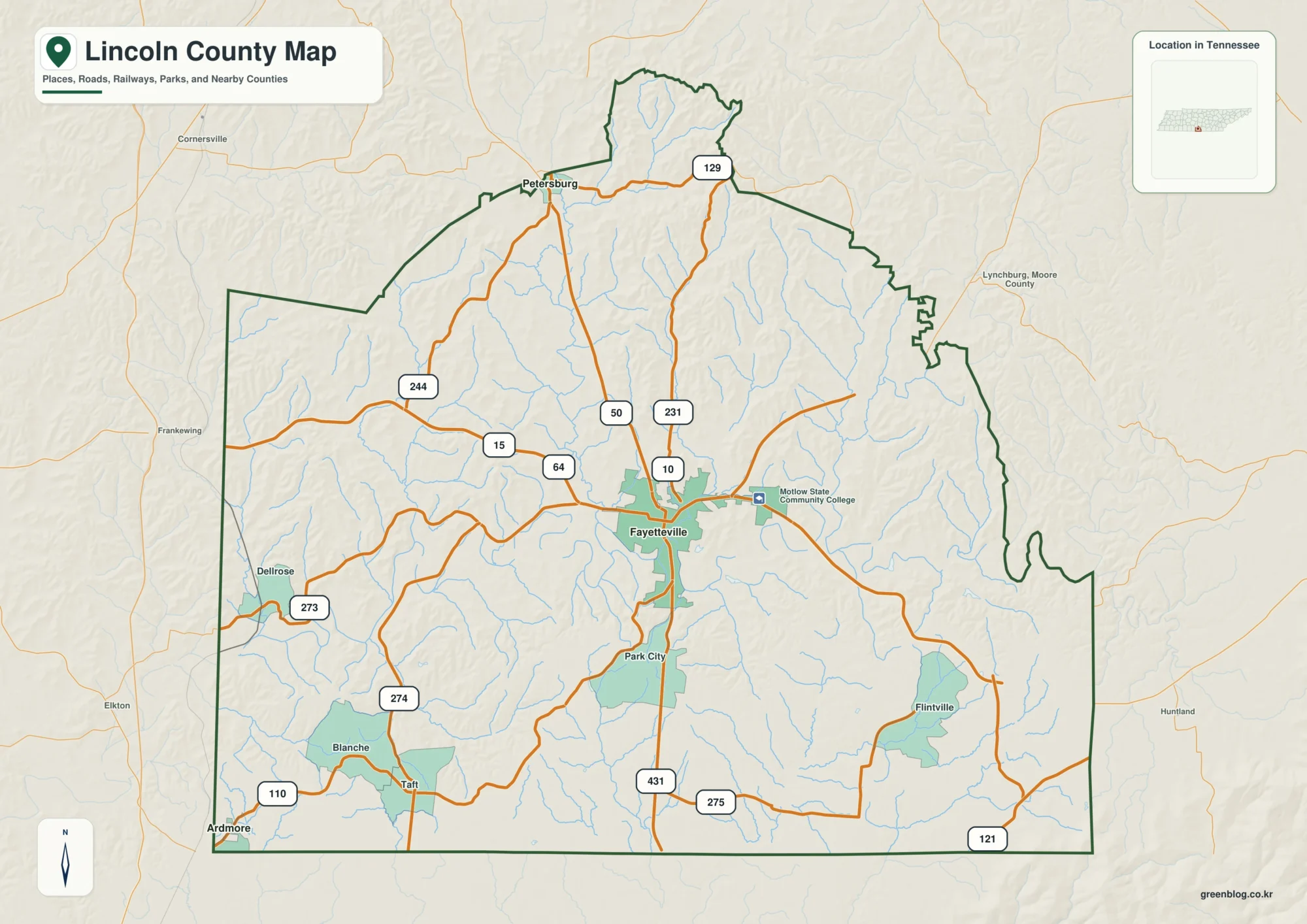 Lincoln County Tennessee map showing Fayetteville, selected communities, roads, and natural features
