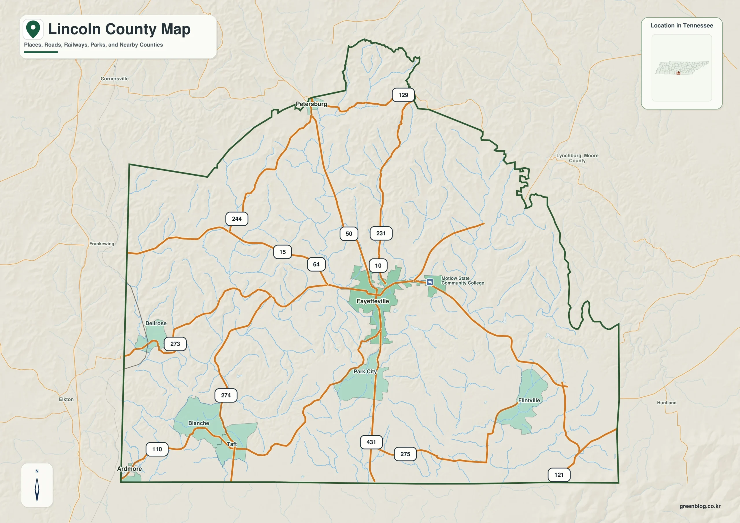 Lincoln County Tennessee map showing Fayetteville, selected communities, roads, and natural features