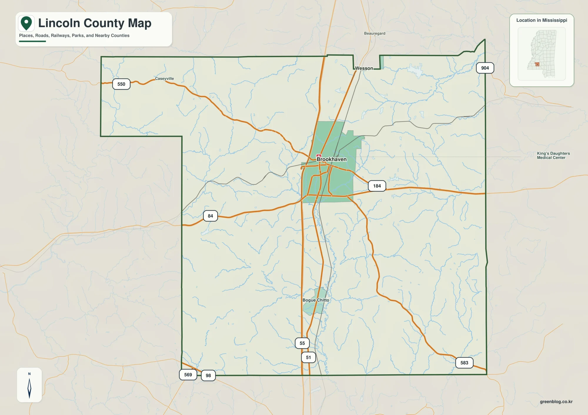 Lincoln County Mississippi map showing Brookhaven, selected communities, roads, and landscape features