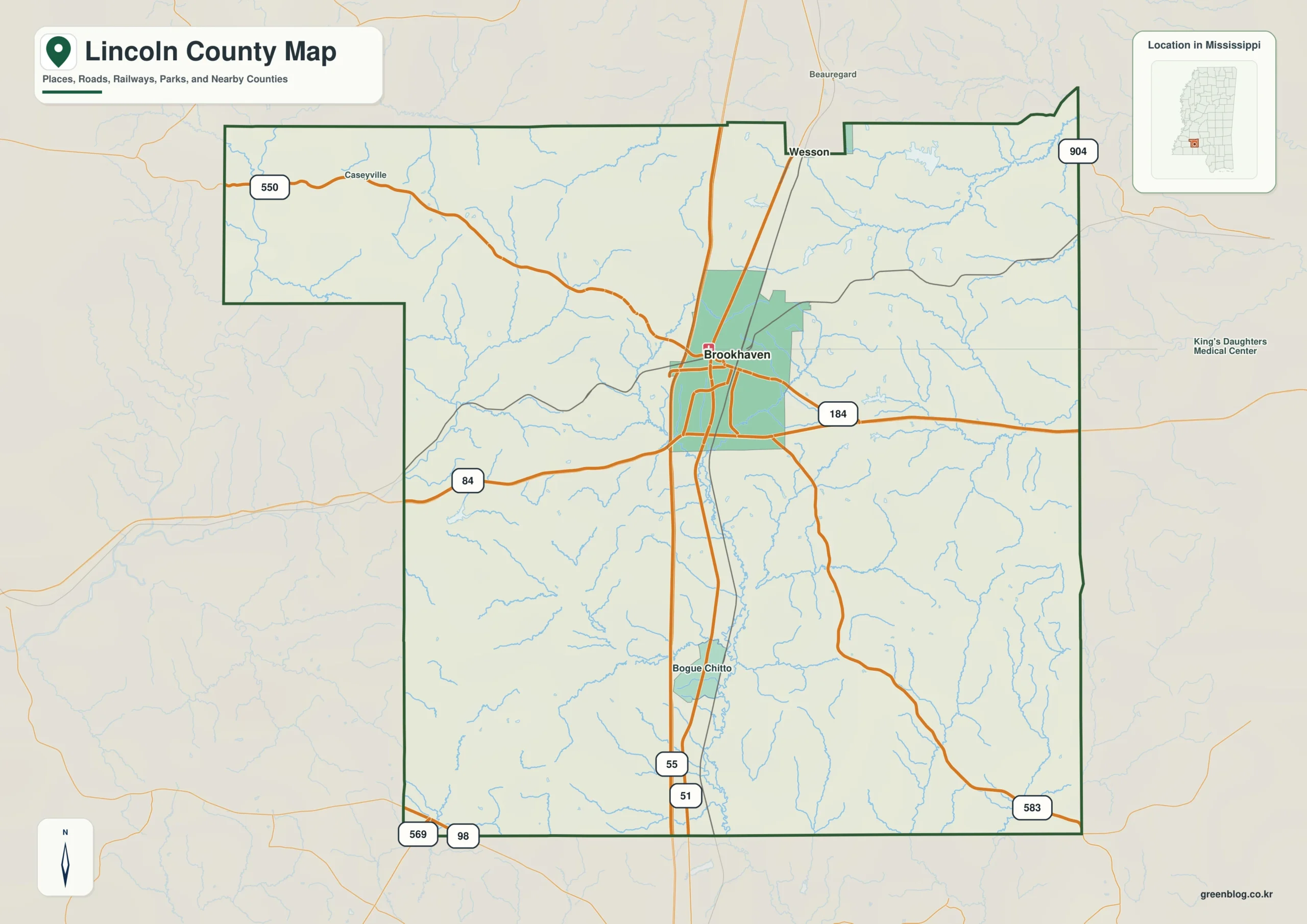 Lincoln County Mississippi map showing Brookhaven, selected communities, roads, and landscape features