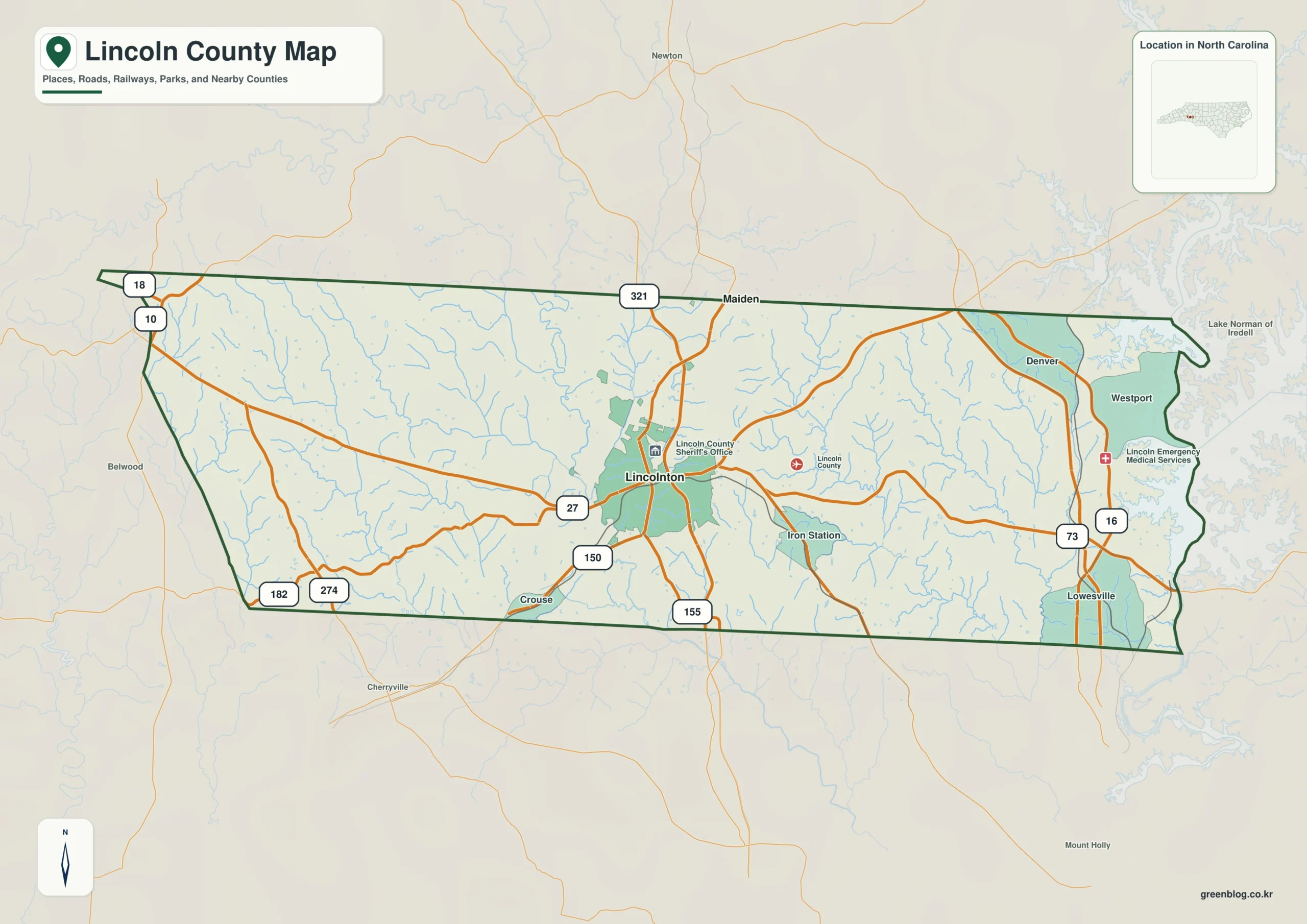 Lincoln County North Carolina map showing Lincolnton and Catawba River / Lake Norman