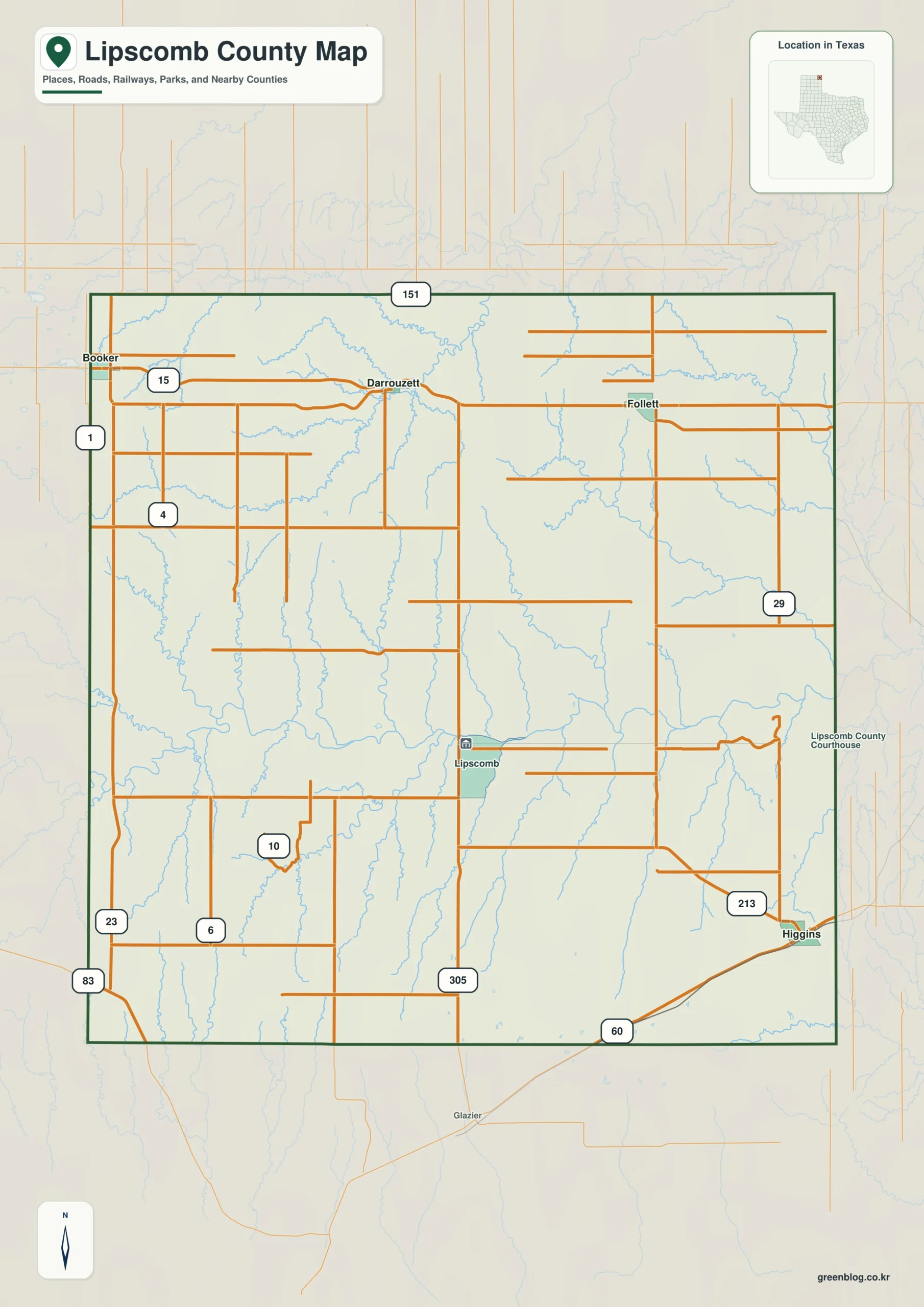 Lipscomb County Texas map showing Lipscomb and selected communities