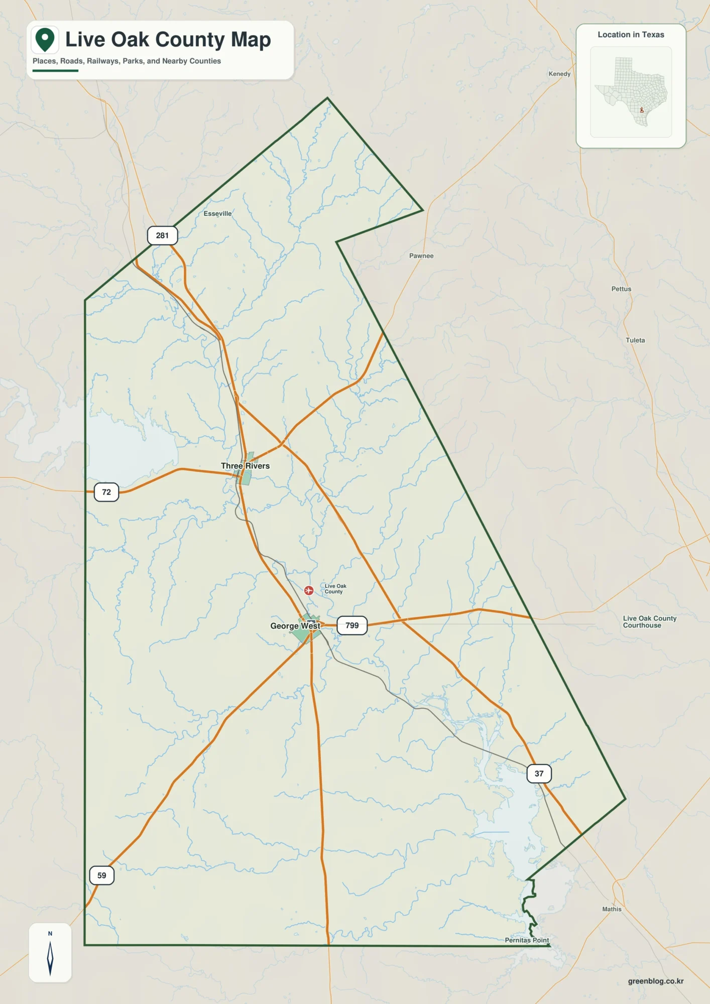 Live Oak County Texas map showing George West and selected communities