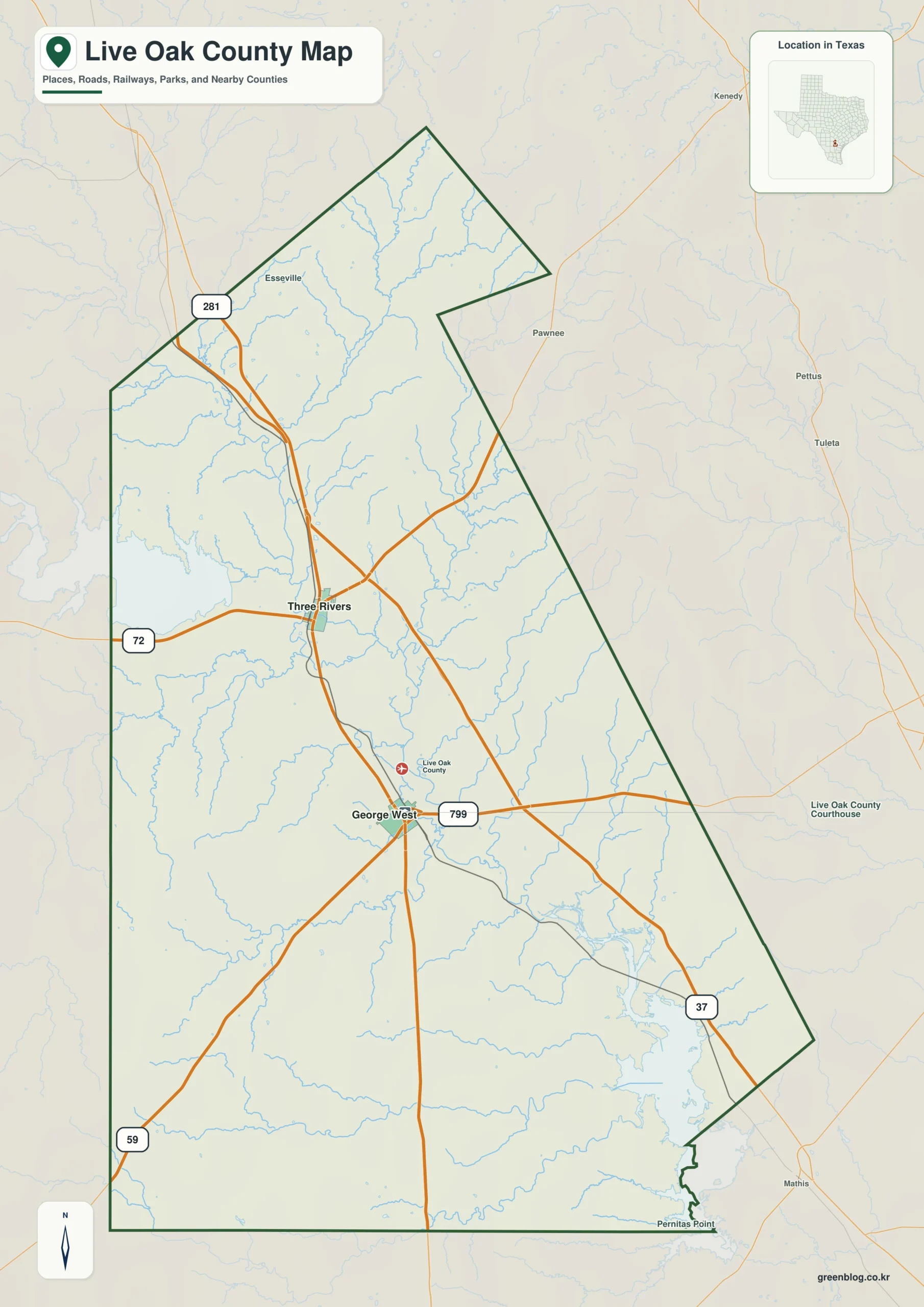 Live Oak County Texas map showing George West and selected communities