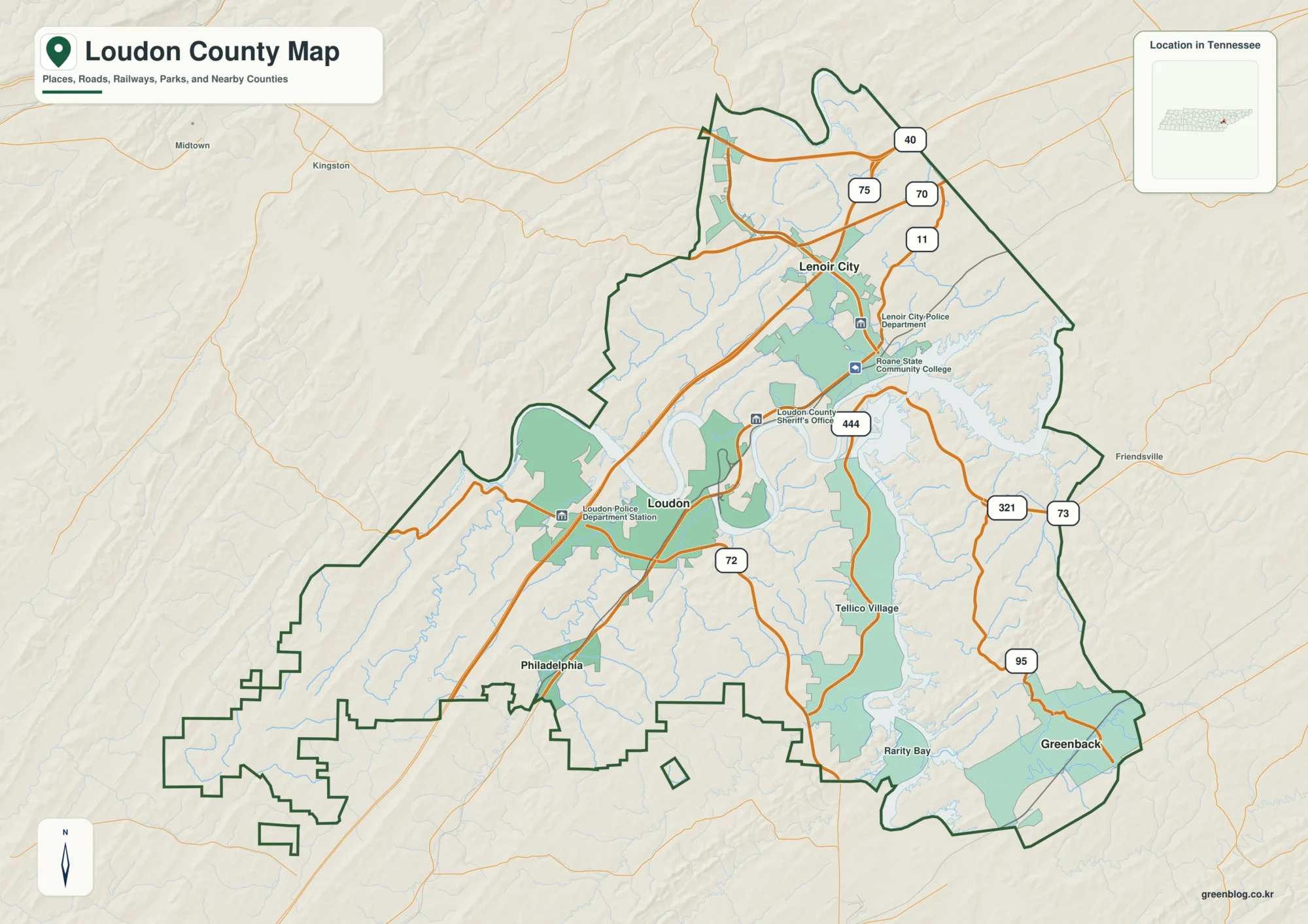 Loudon County Tennessee map showing Loudon, selected communities, roads, and natural features