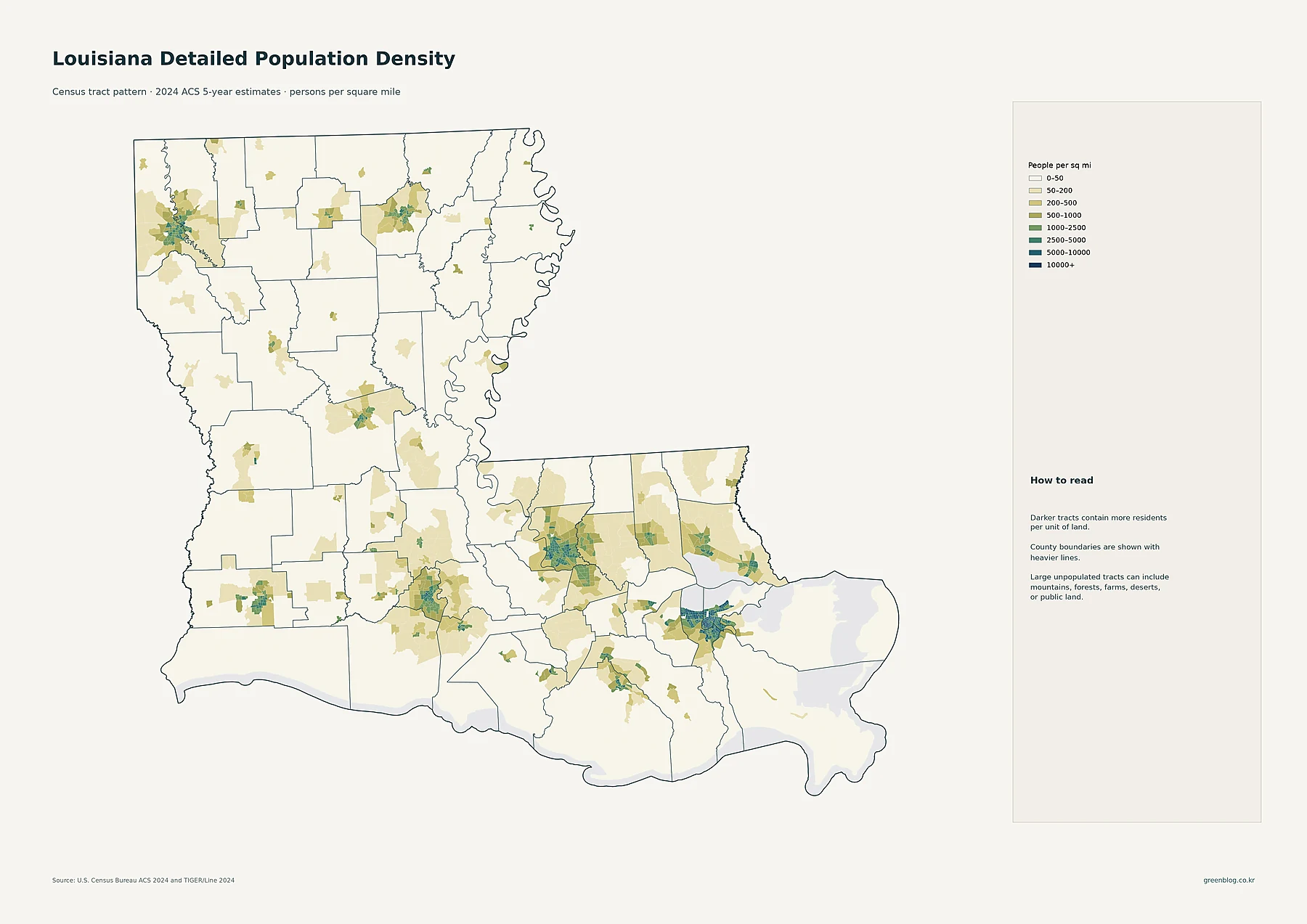 Louisiana detailed census tract population density map from 2024 ACS estimates