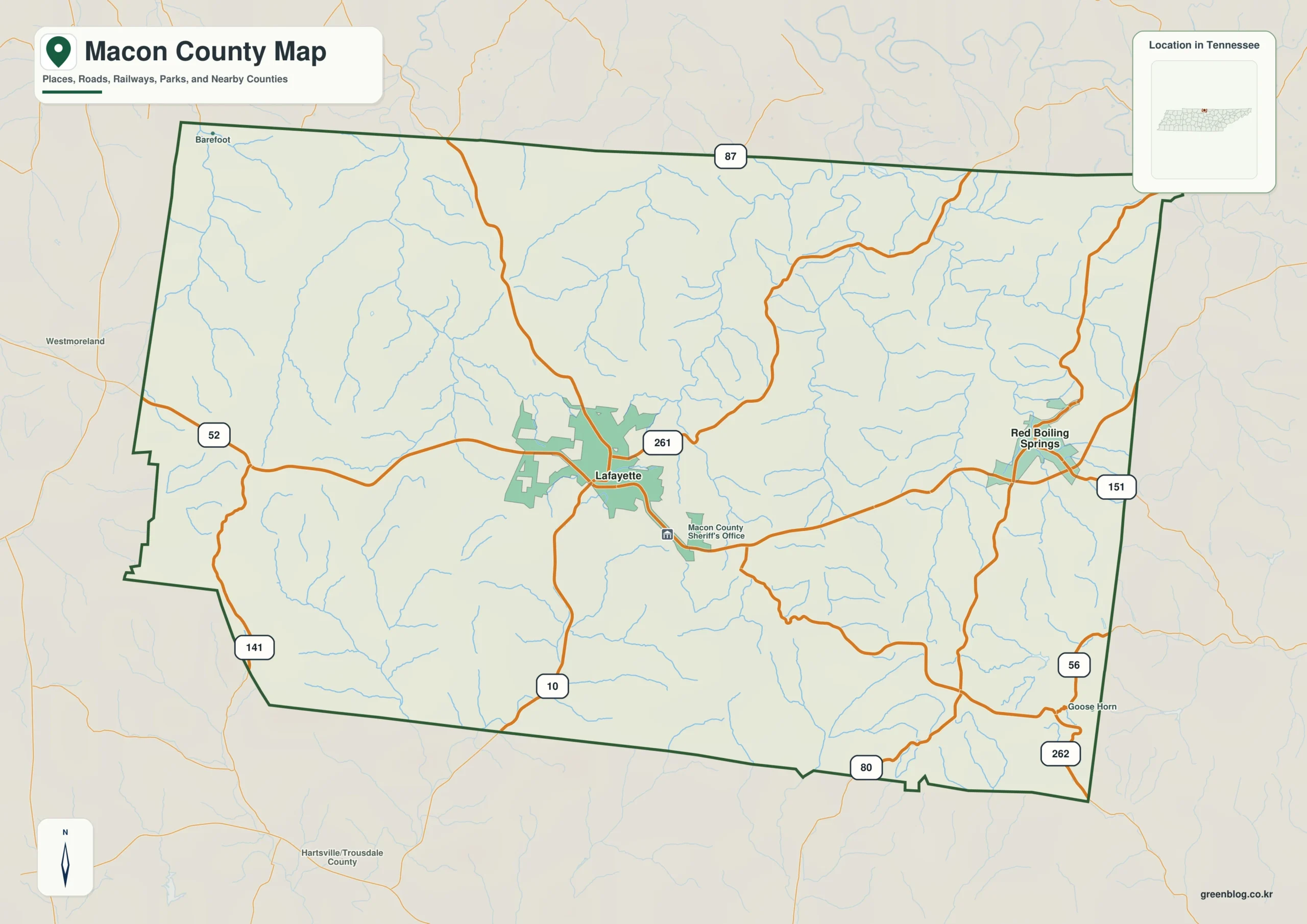 Macon County Tennessee map showing Lafayette, selected communities, roads, and natural features