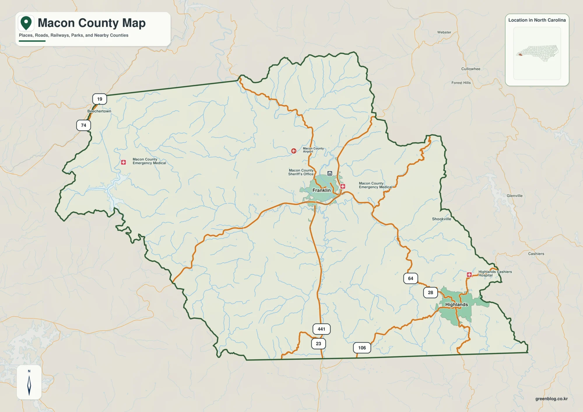 Macon County North Carolina map showing Franklin and Little Tennessee River basin