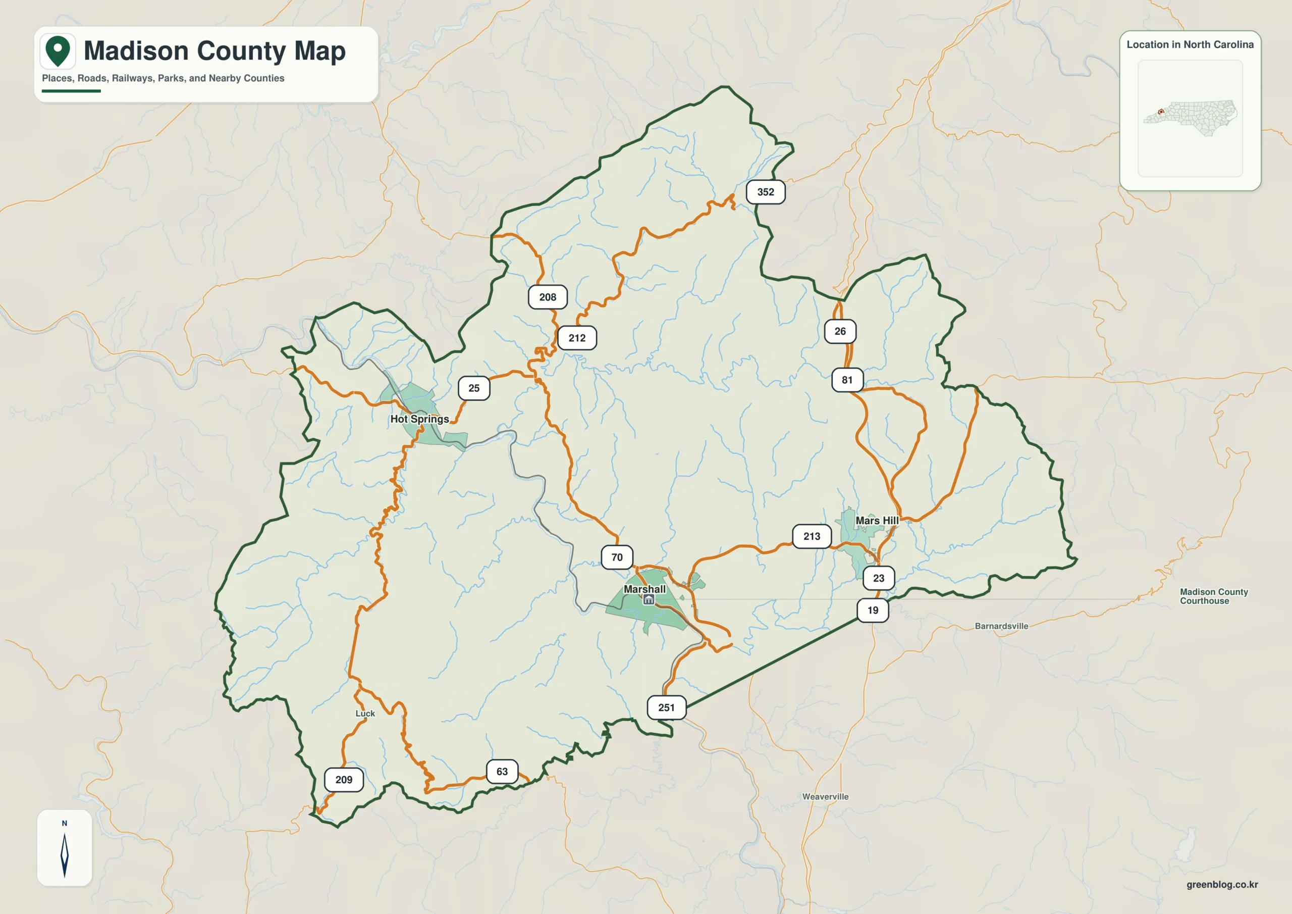 Madison County North Carolina map showing Marshall and French Broad River