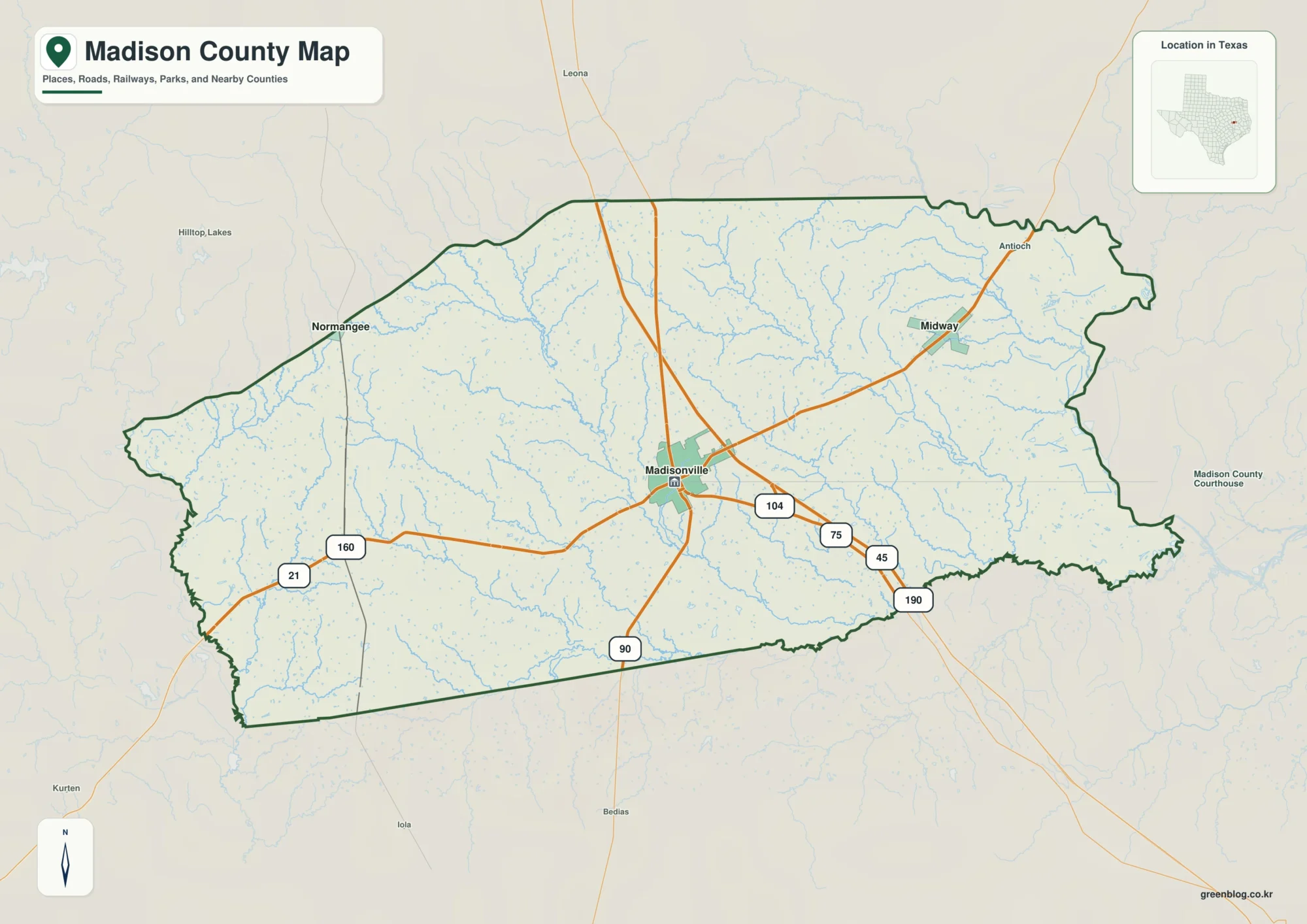 Madison County Texas map showing Madisonville and selected communities