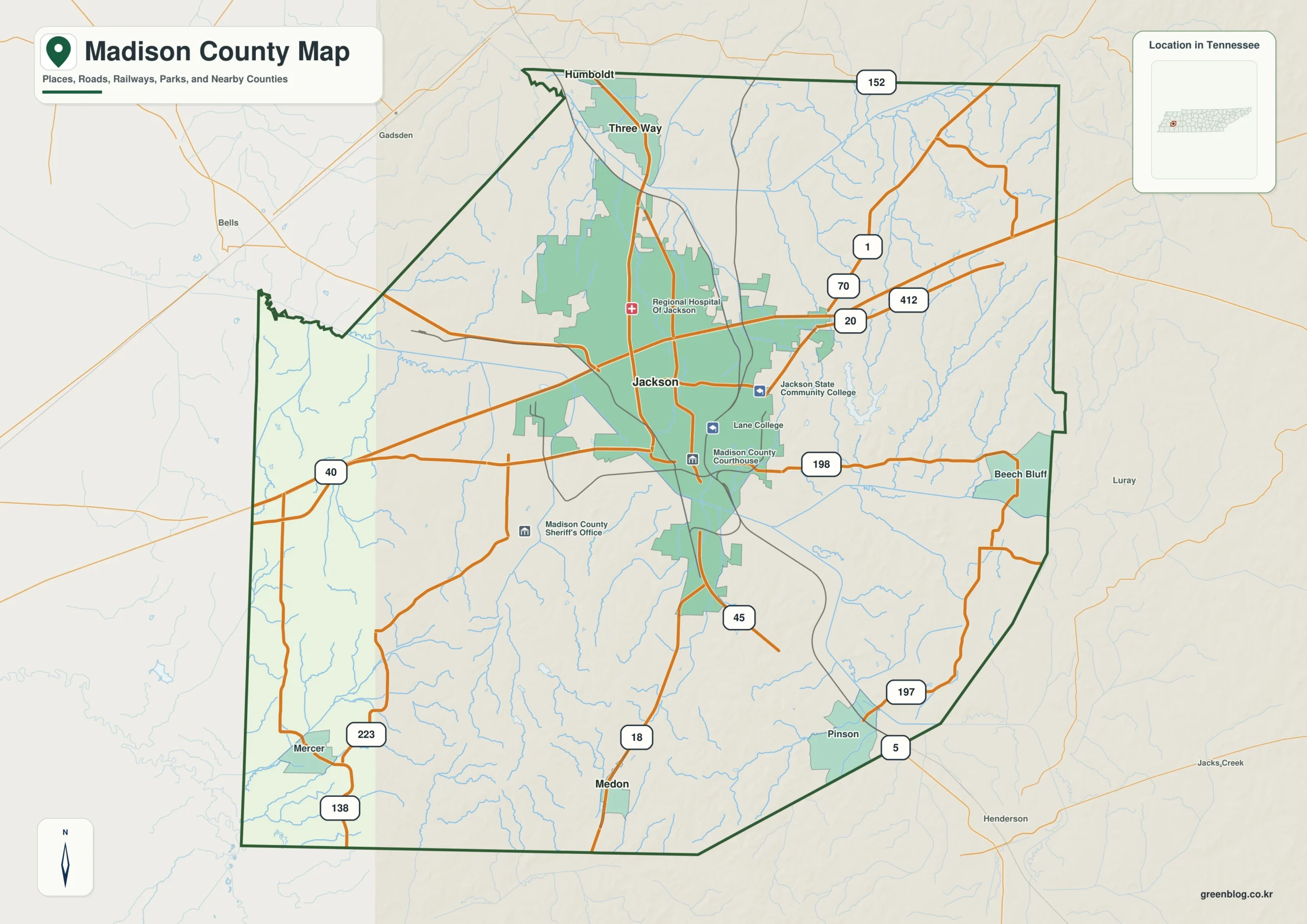 Madison County Tennessee map showing Jackson, selected communities, roads, and natural features