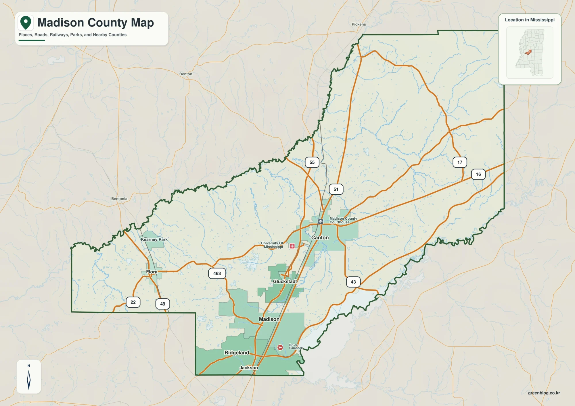 Madison County Mississippi map showing Canton, selected communities, roads, and landscape features