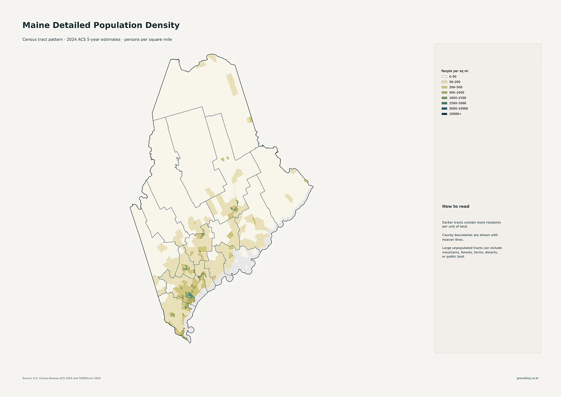 Maine detailed census tract population density map using 2024 ACS estimates