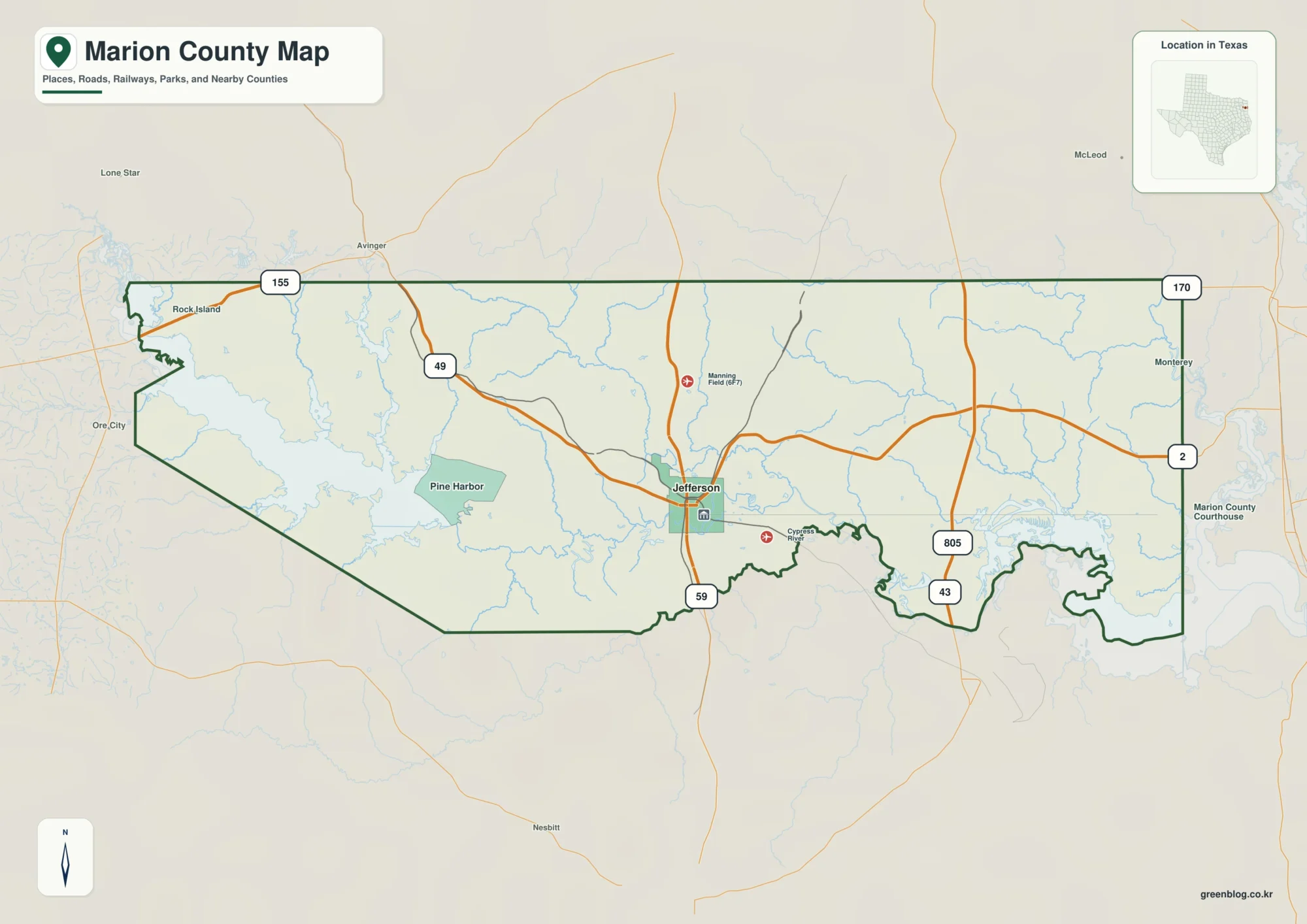 Marion County Texas map showing Jefferson and selected communities
