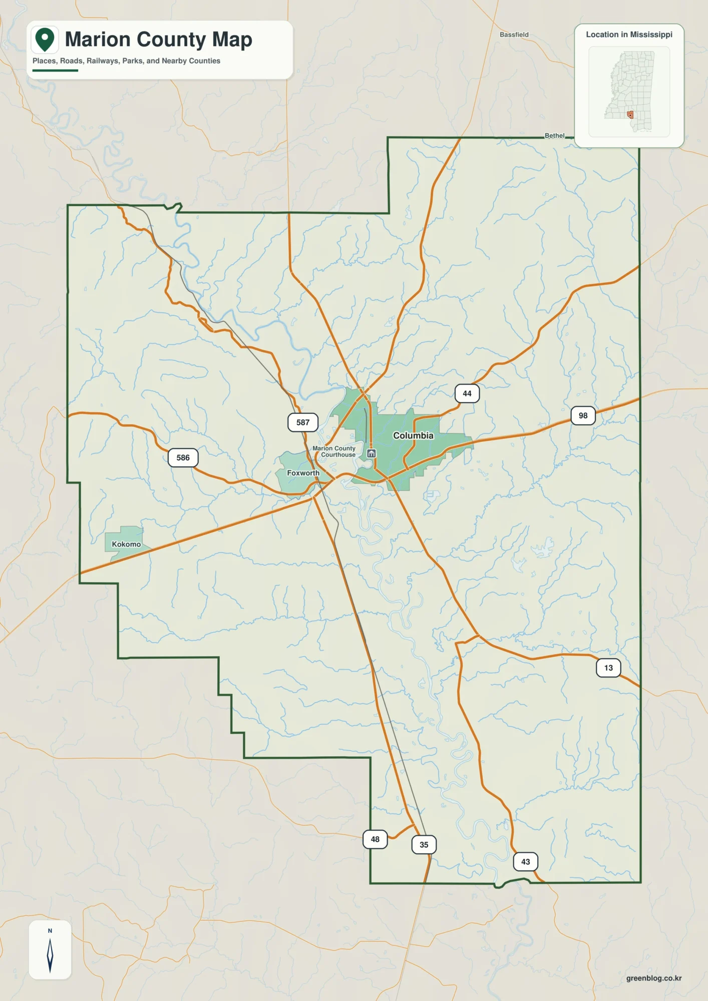 Marion County Mississippi map showing Columbia, selected communities, roads, and landscape features