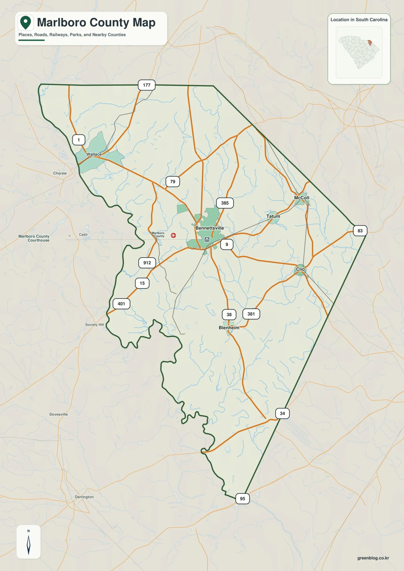 Marlboro County South Carolina map with the county boundary and reference names for Bennettsville and McColl