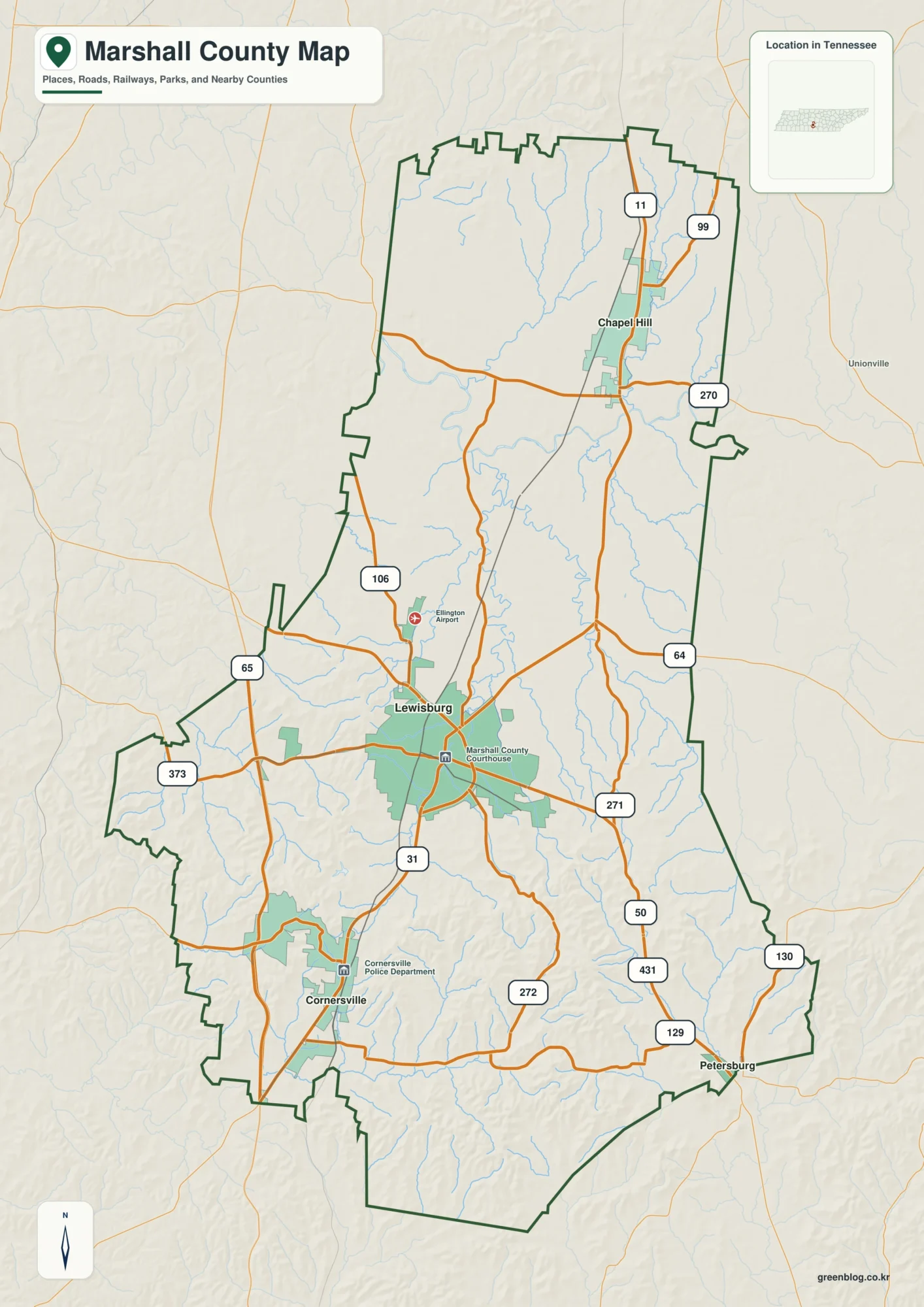 Marshall County Tennessee map showing Lewisburg, selected communities, roads, and natural features