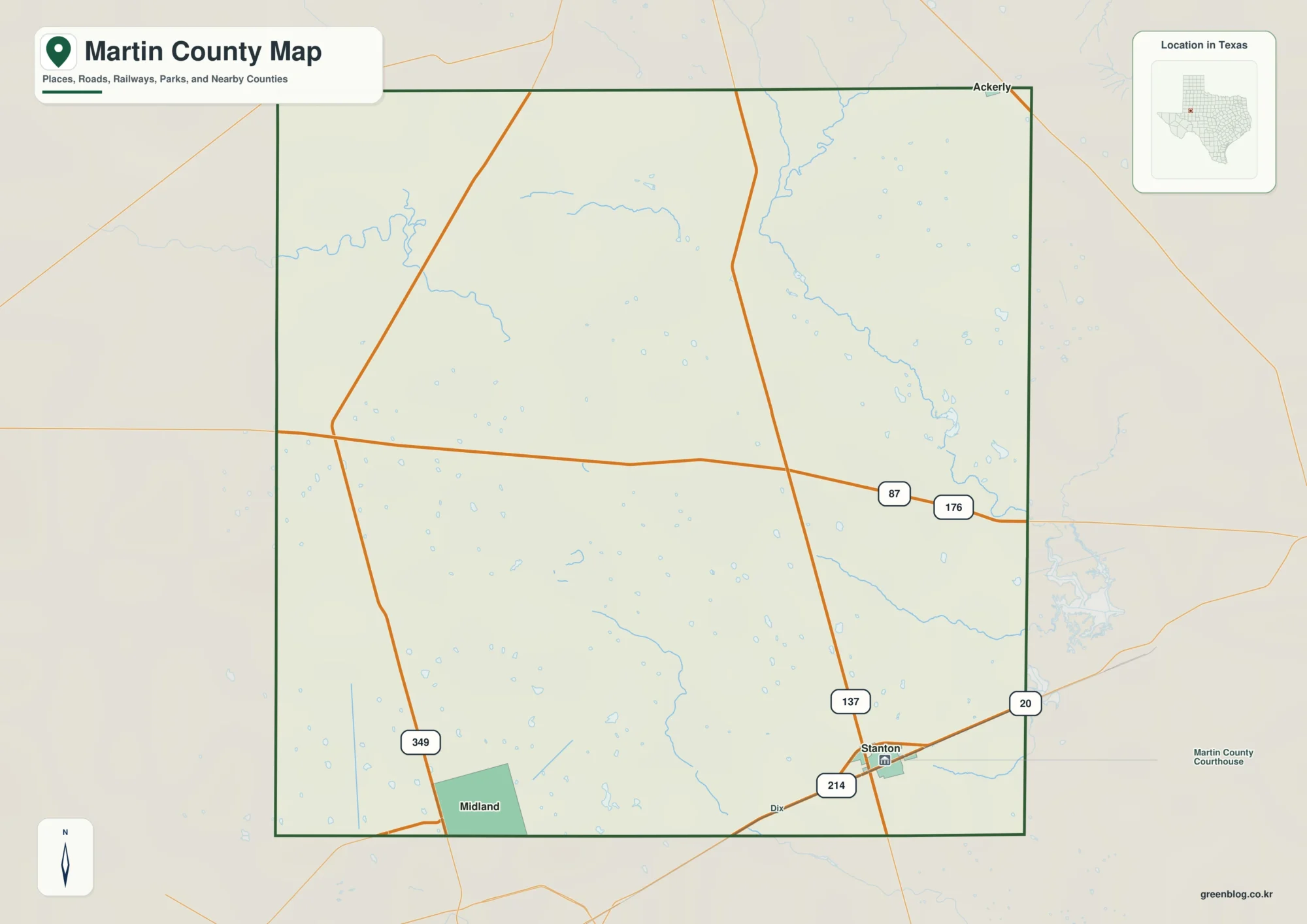 Martin County Texas map showing Stanton and selected communities