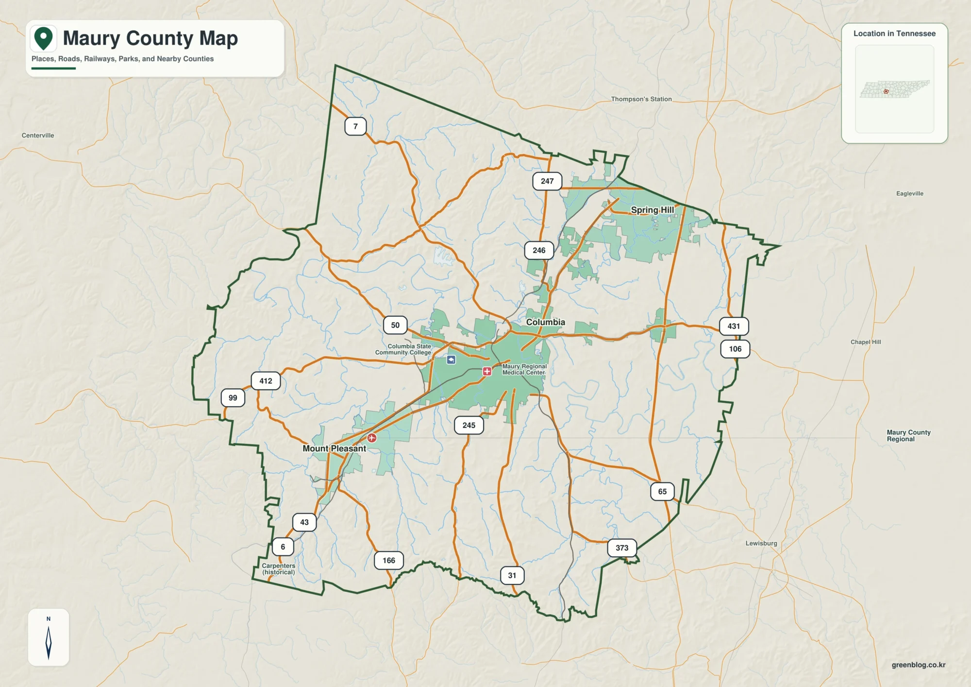 Maury County Tennessee map showing Columbia, selected communities, roads, and natural features