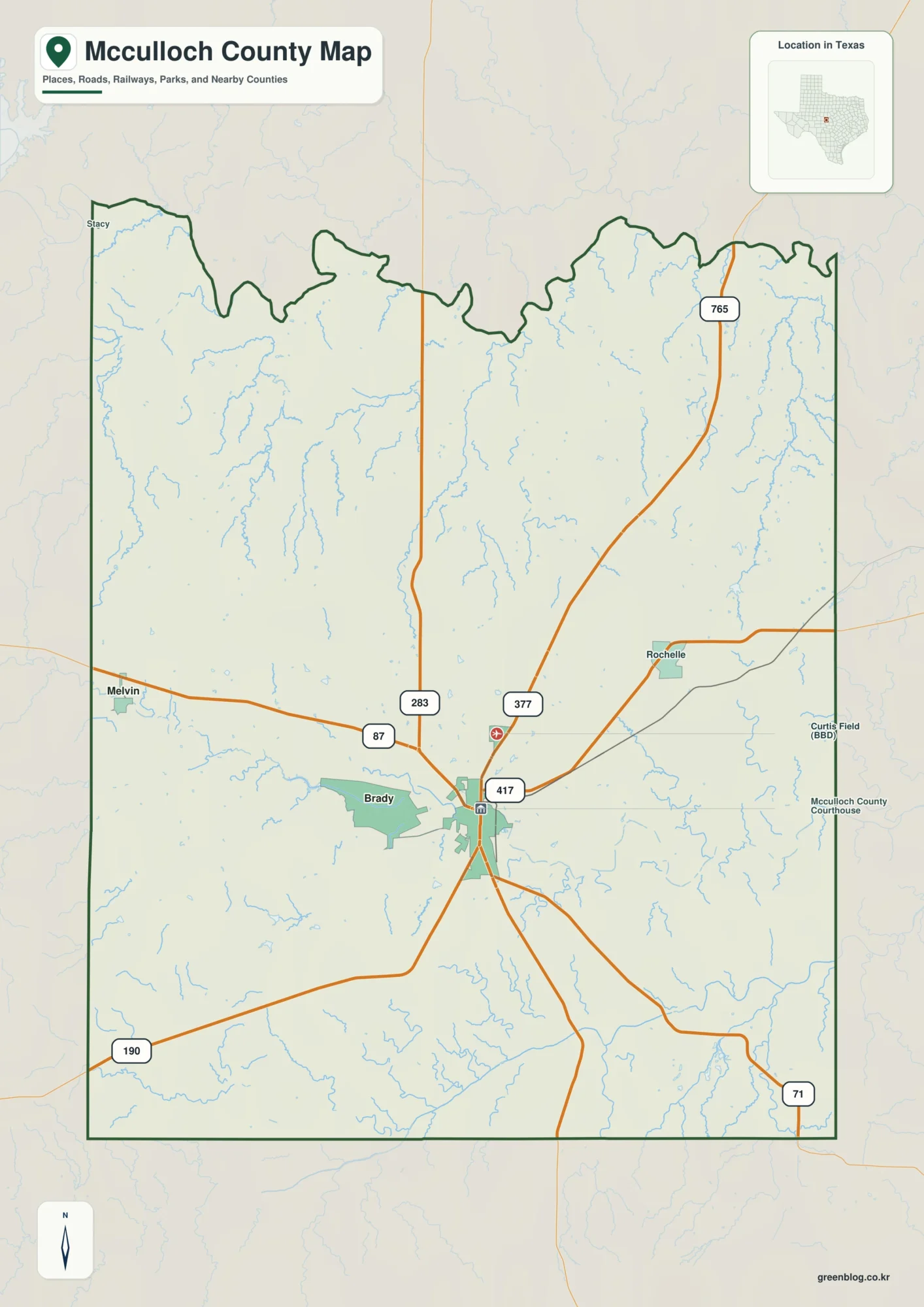 McCulloch County Texas map showing Brady and selected communities