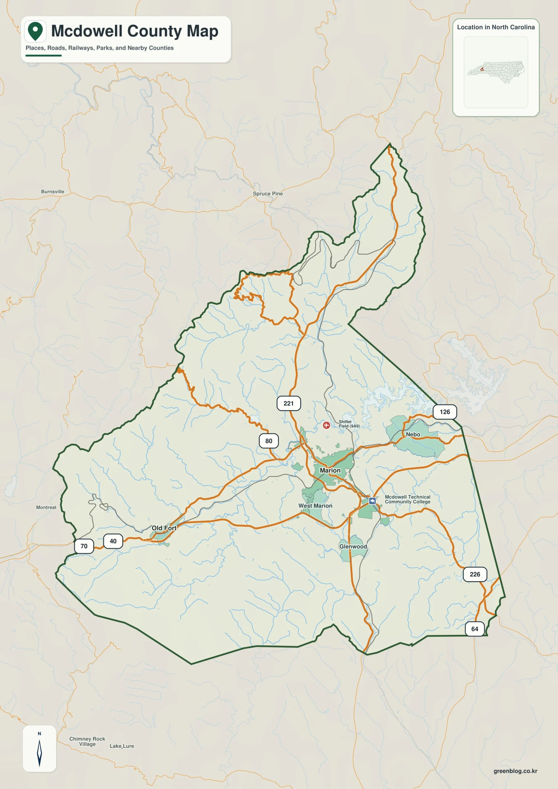 McDowell County North Carolina map showing Marion and Catawba River headwaters