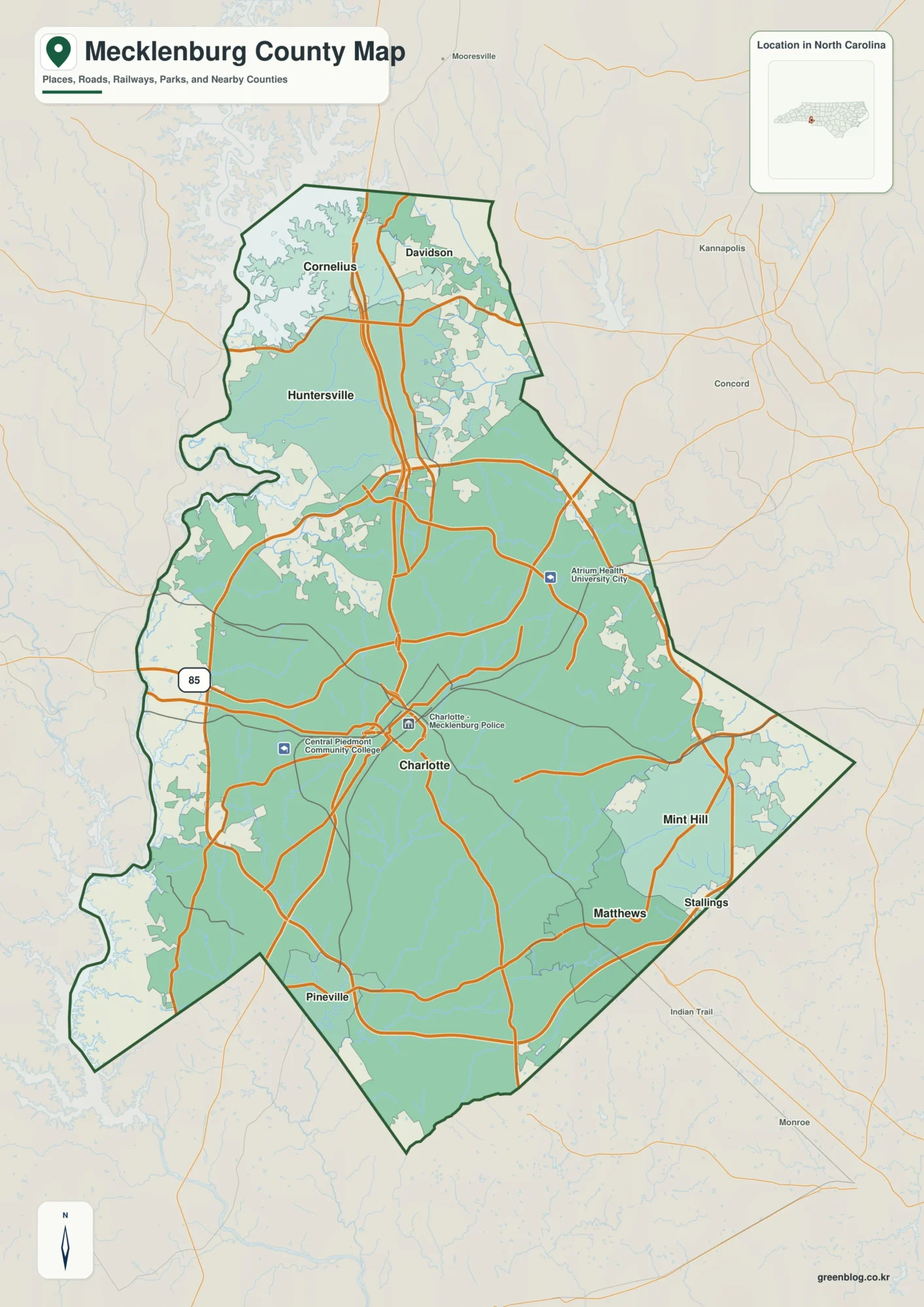 Mecklenburg County North Carolina map showing Charlotte and Catawba River / Lake Wylie