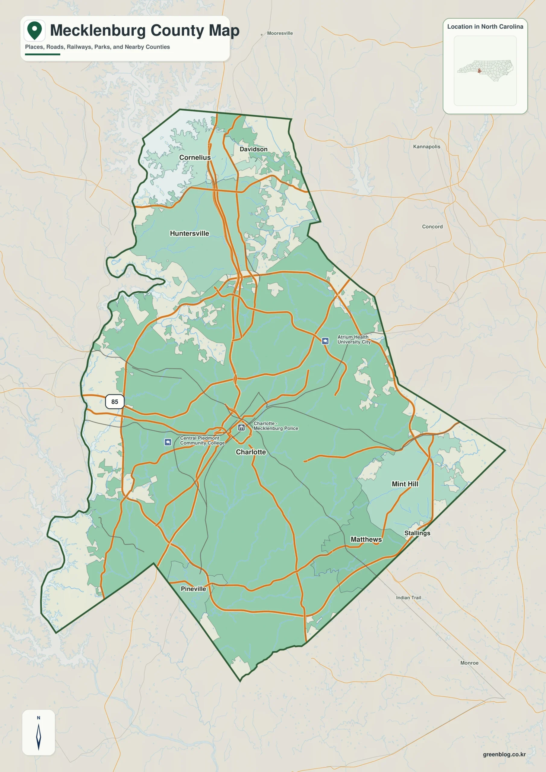 Mecklenburg County North Carolina map showing Charlotte and Catawba River / Lake Wylie