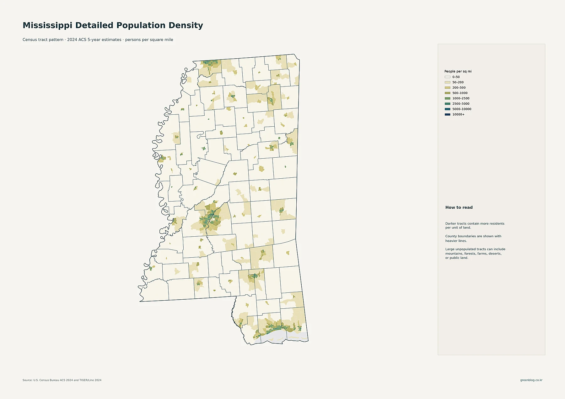 Mississippi detailed population density by census tract using 2024 ACS estimates