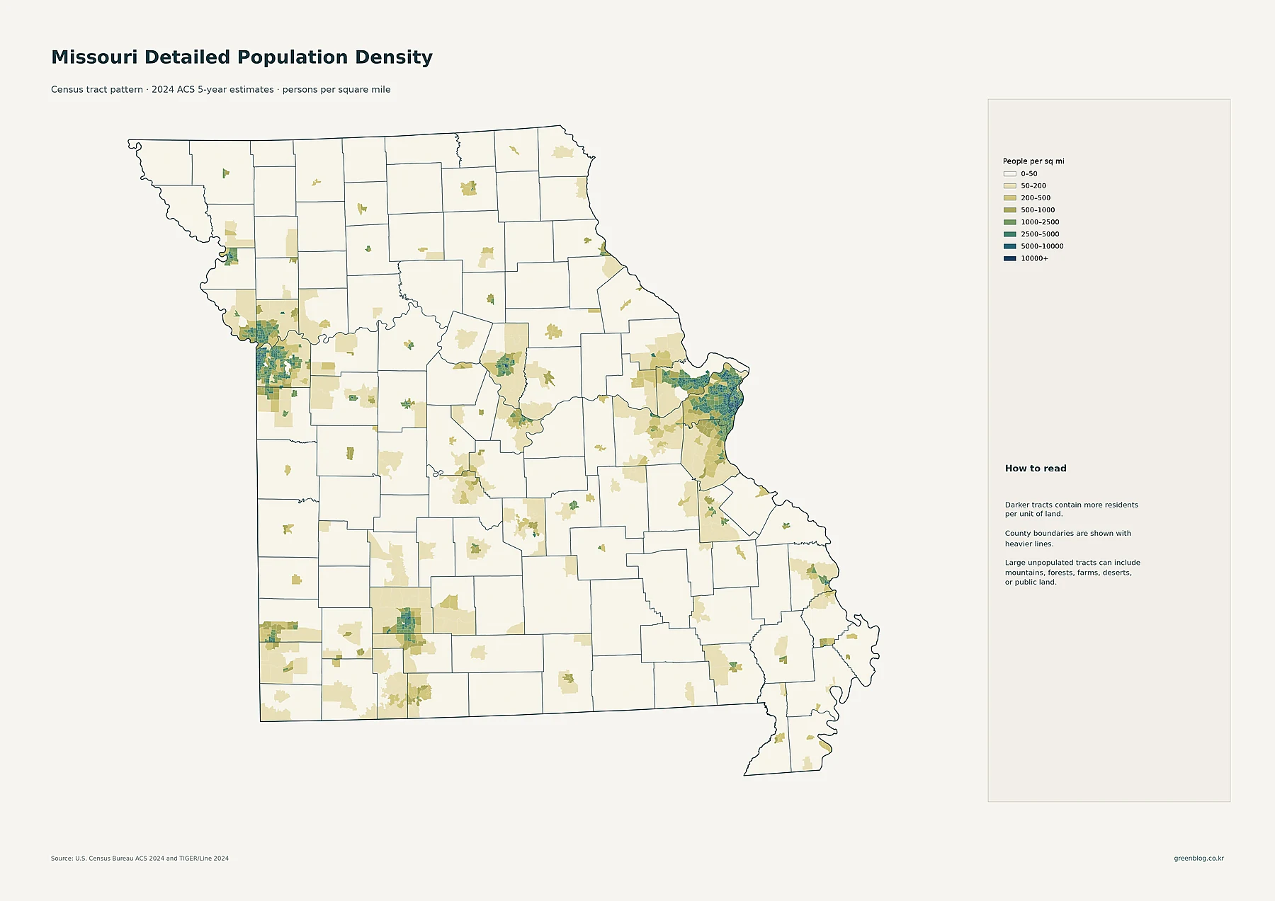 Missouri detailed population density by census tract using 2024 ACS estimates