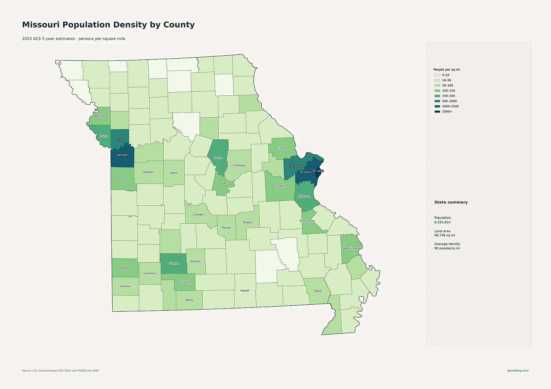 Missouri population density by county and county equivalent using 2024 ACS estimates