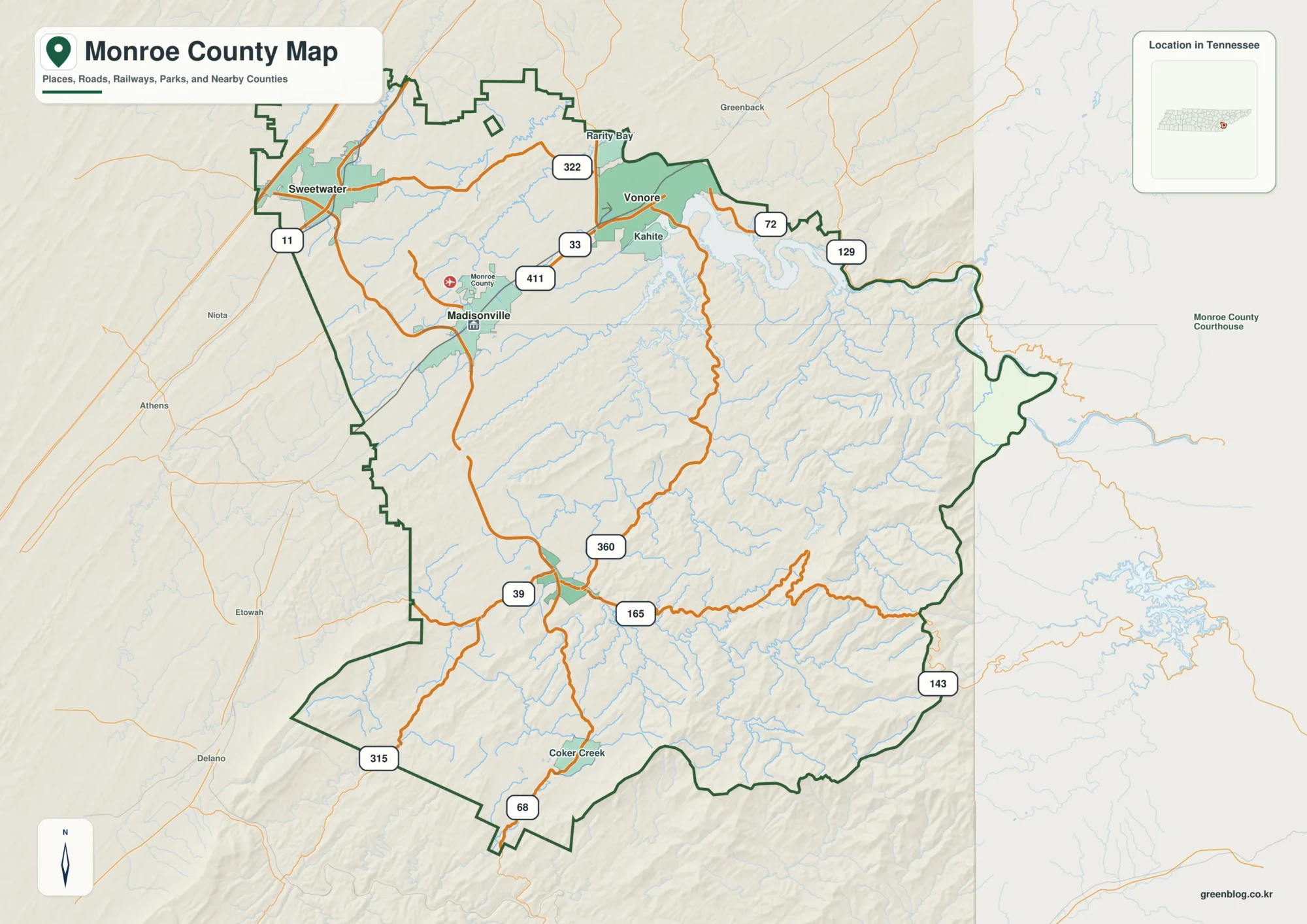 Monroe County Tennessee map showing Madisonville, selected communities, roads, and natural features