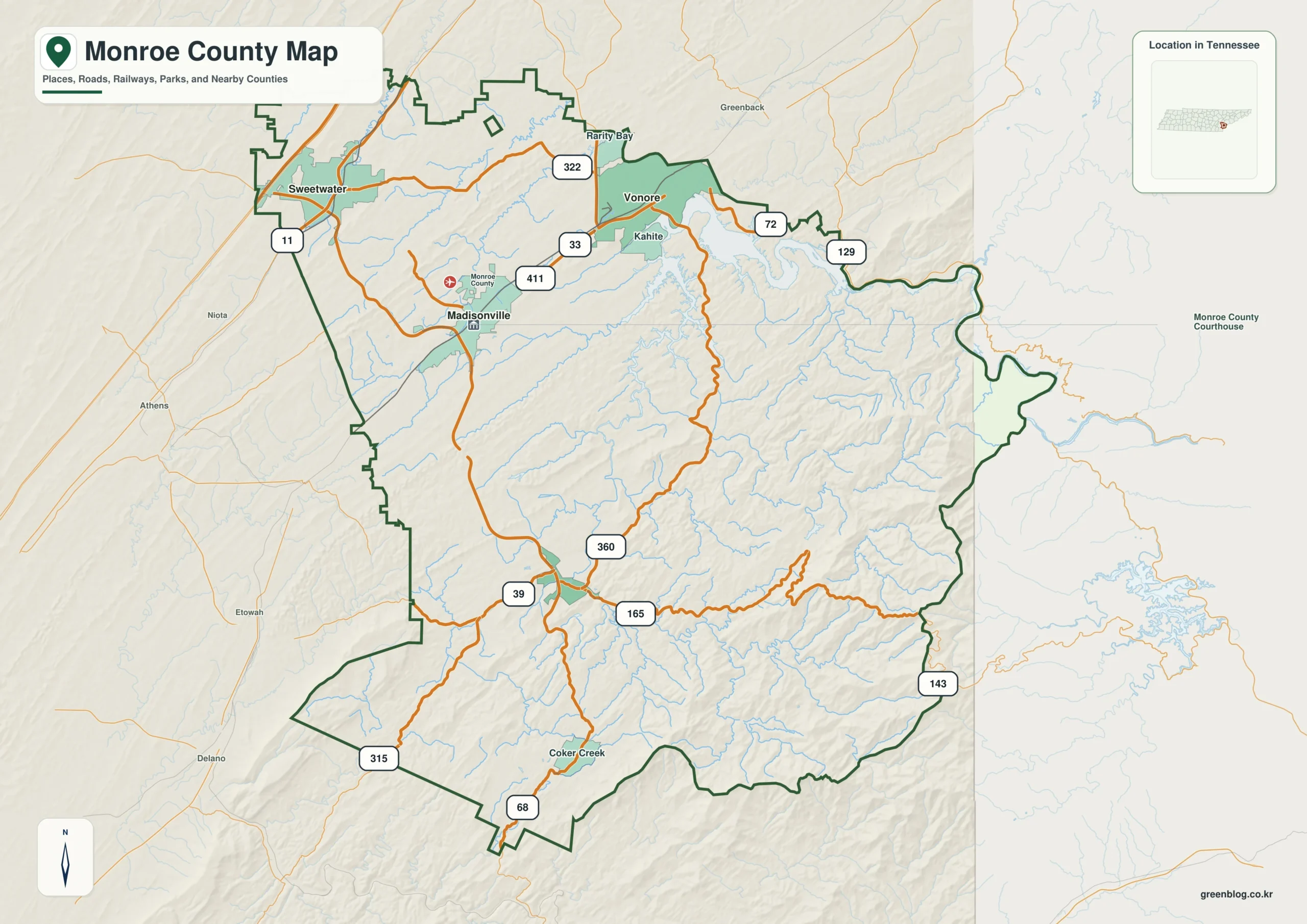 Monroe County Tennessee map showing Madisonville, selected communities, roads, and natural features