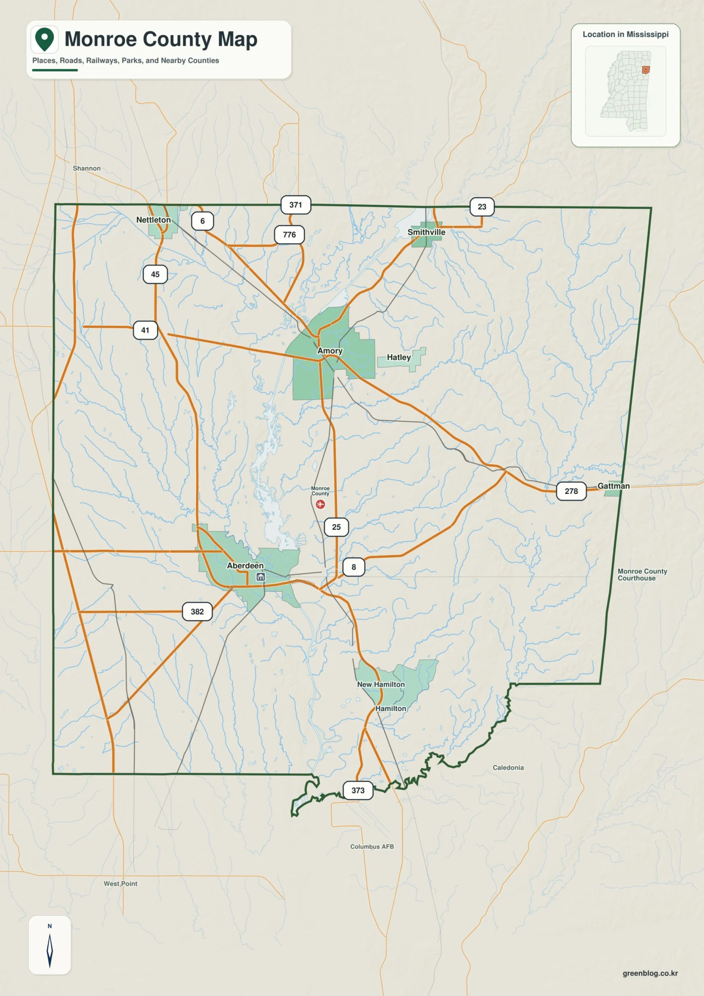 Monroe County Mississippi map showing Aberdeen, selected communities, roads, and landscape features