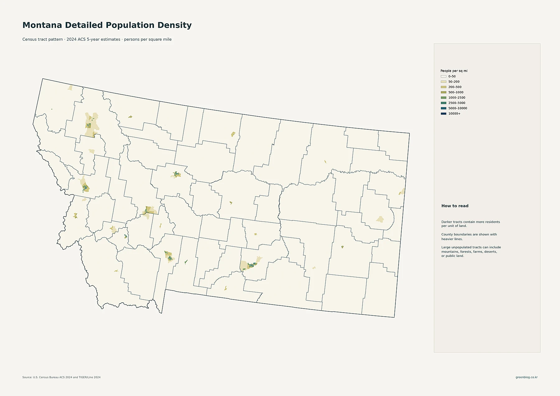 Montana detailed population density by census tract using 2024 ACS estimates