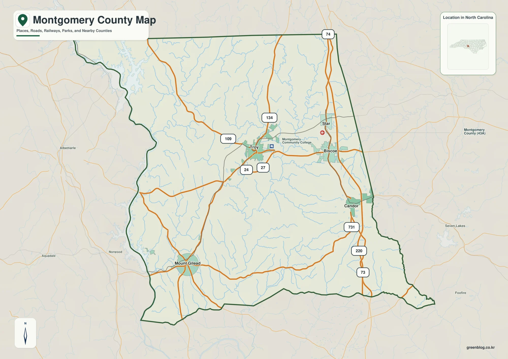 Montgomery County North Carolina map showing Troy and Uwharrie National Forest