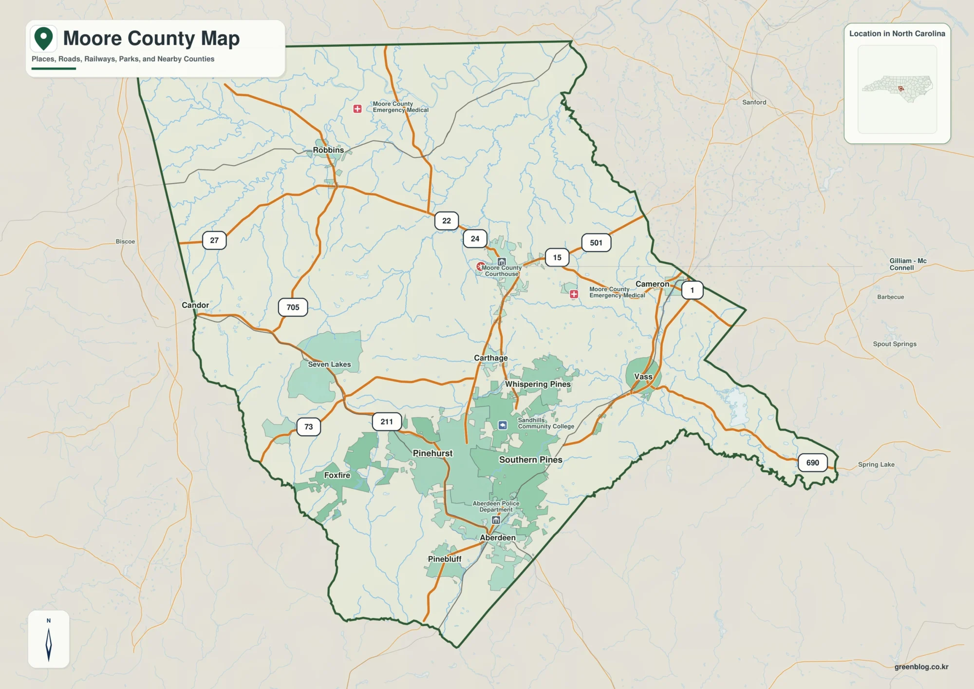 Moore County North Carolina map showing Carthage and Sandhills