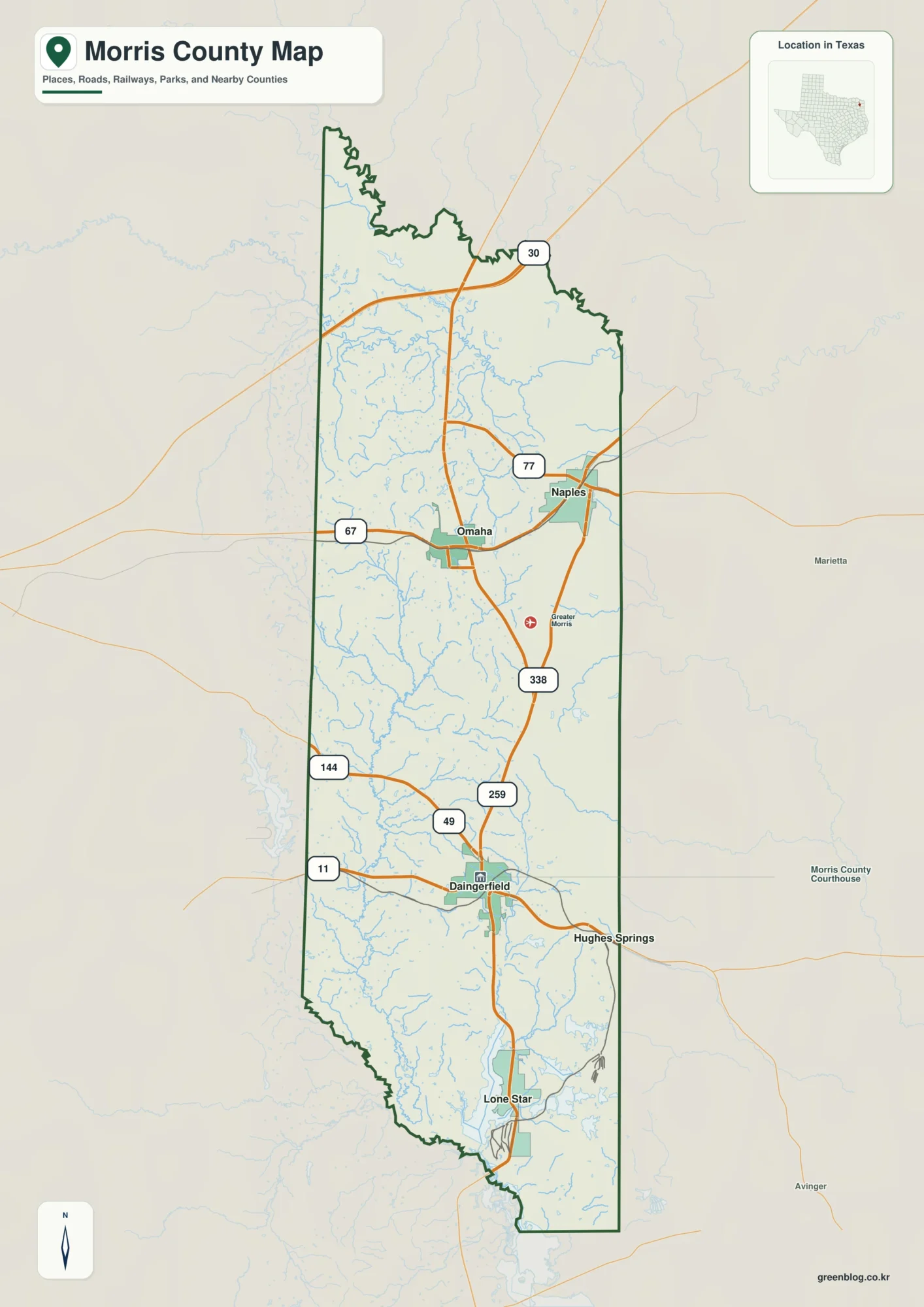 Morris County Texas map showing Daingerfield, Naples, Omaha