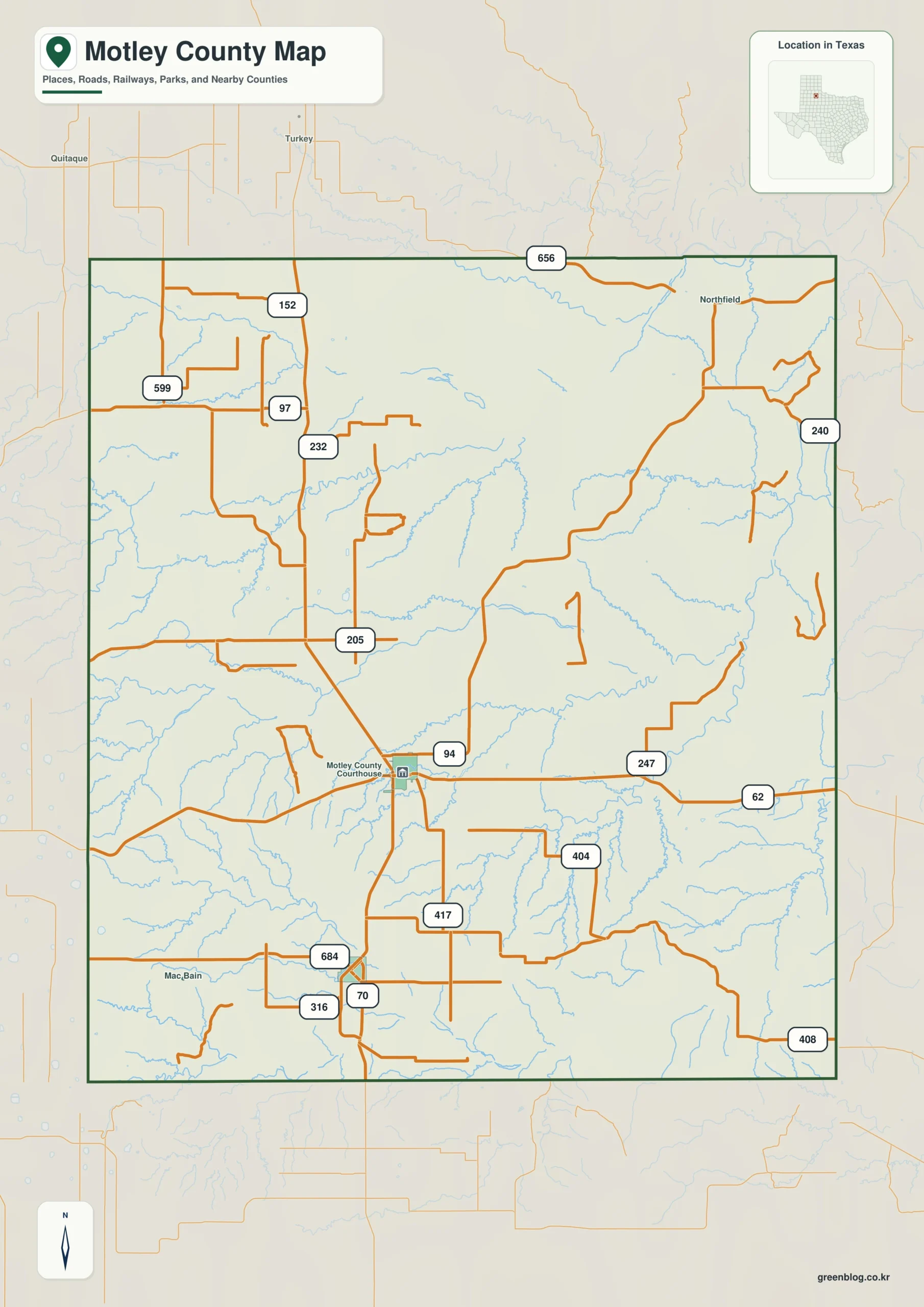 Motley County Texas map showing Matador, Roaring Springs, Flomot